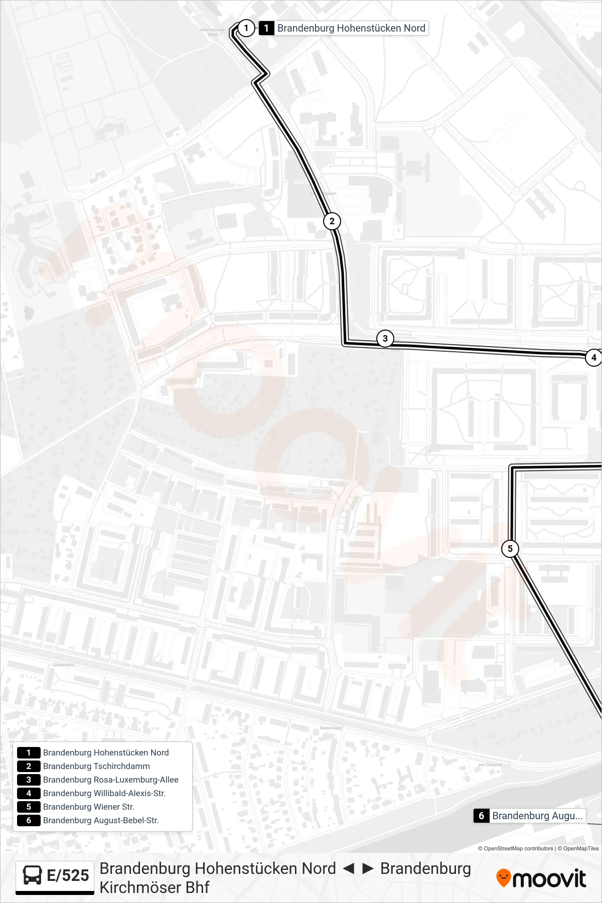 Linie E/525 (Bus) Richtung Brandenburg August-Bebel-Str.: Route und Haltestellen auf der Karte