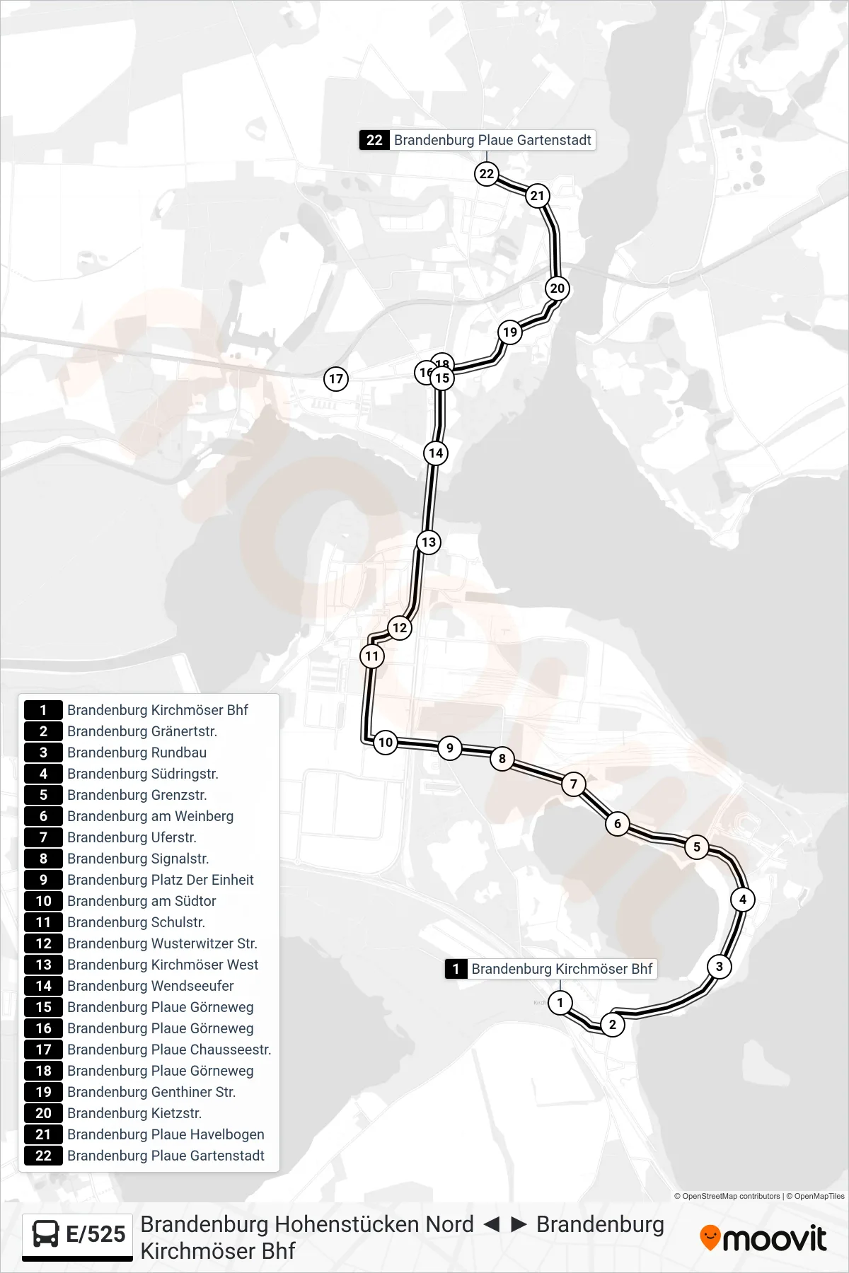 Linie E/525 (Bus) Richtung Brandenburg Plaue Gartenstadt: Route und Haltestellen auf der Karte