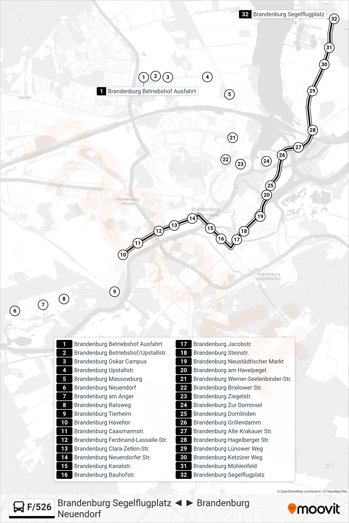 Linie F/526 (Bus) Richtung Brandenburg Segelflugplatz: Route und Haltestellen auf der Karte