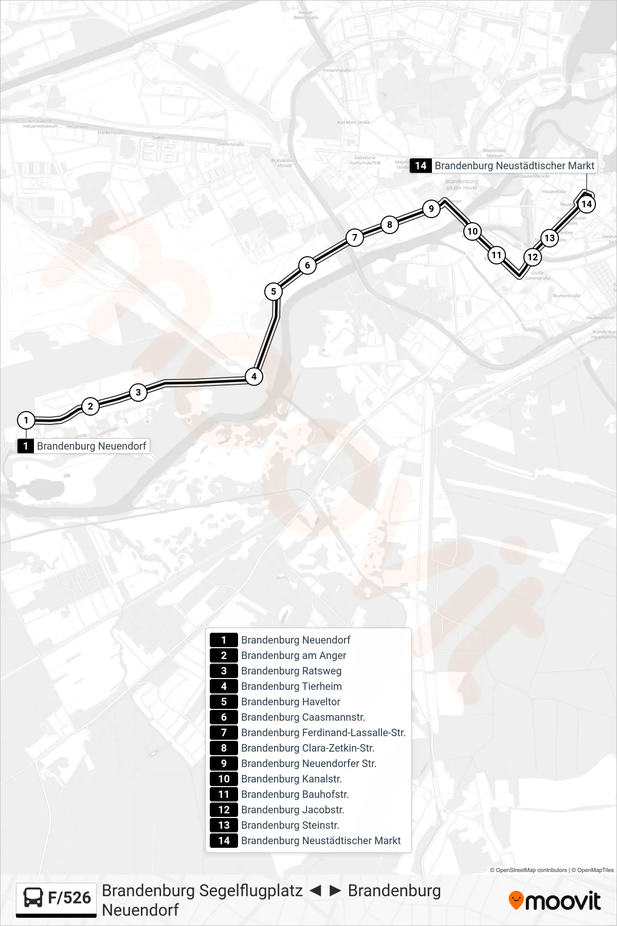 F/526 bus Line (Brandenburg Neustädtischer Markt) route and stops on a map