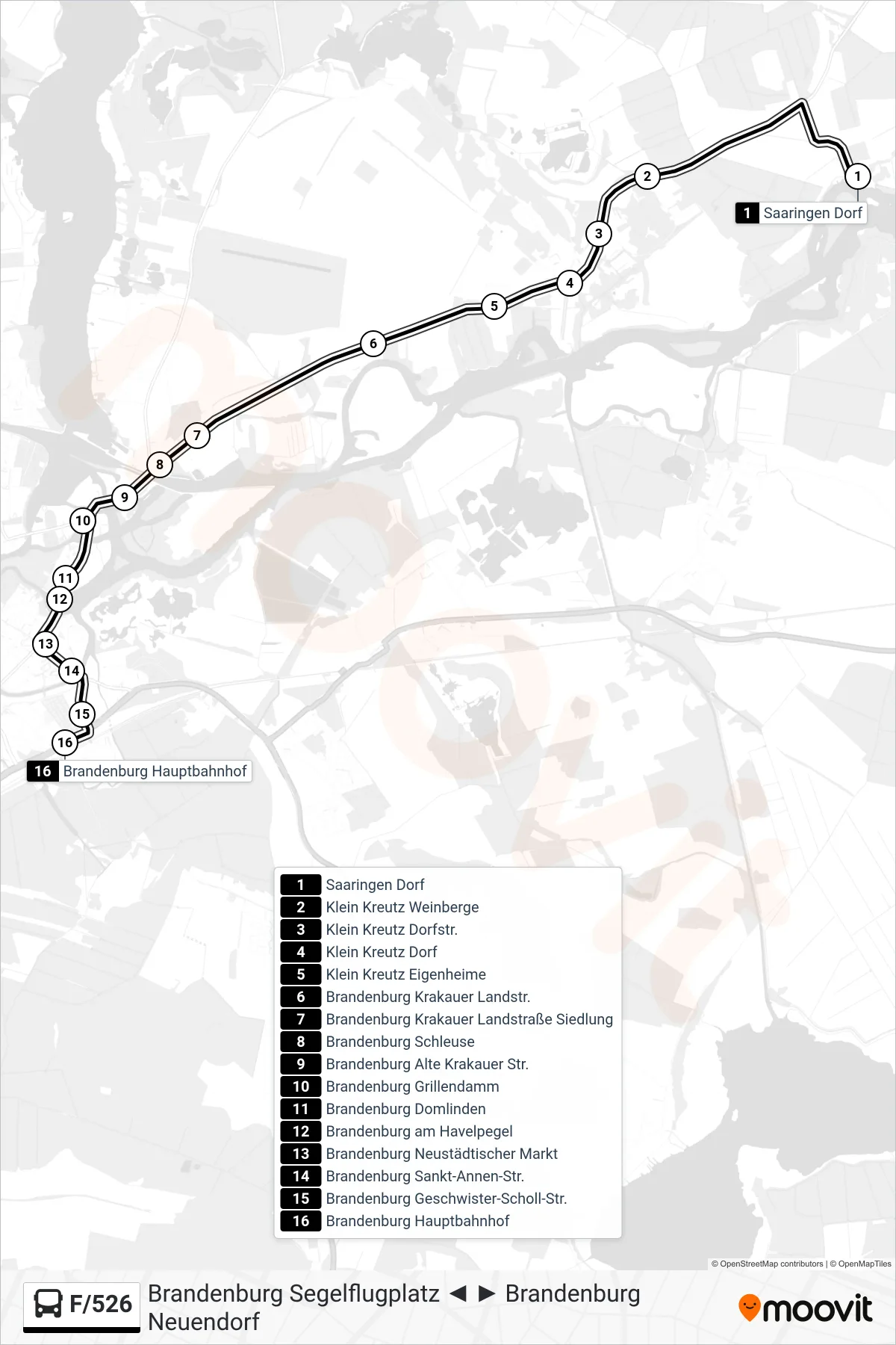 F/526 bus Line (Brandenburg Hauptbahnhof) route and stops on a map