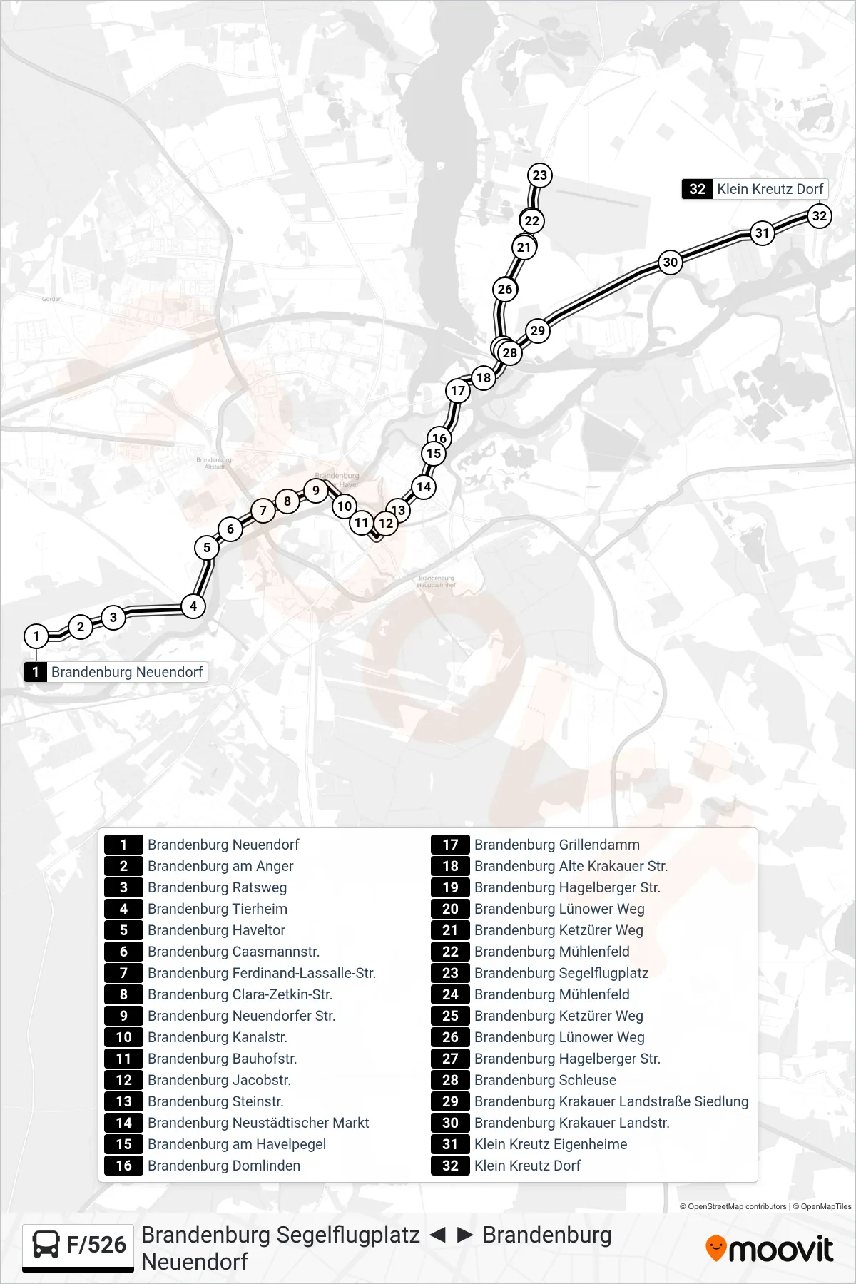 F/526 bus Line (Klein Kreutz Dorf) route and stops on a map