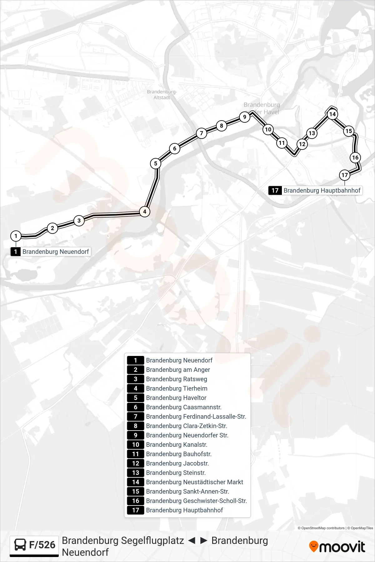 Linie F/526 (Bus) Richtung Brandenburg Hauptbahnhof: Route und Haltestellen auf der Karte