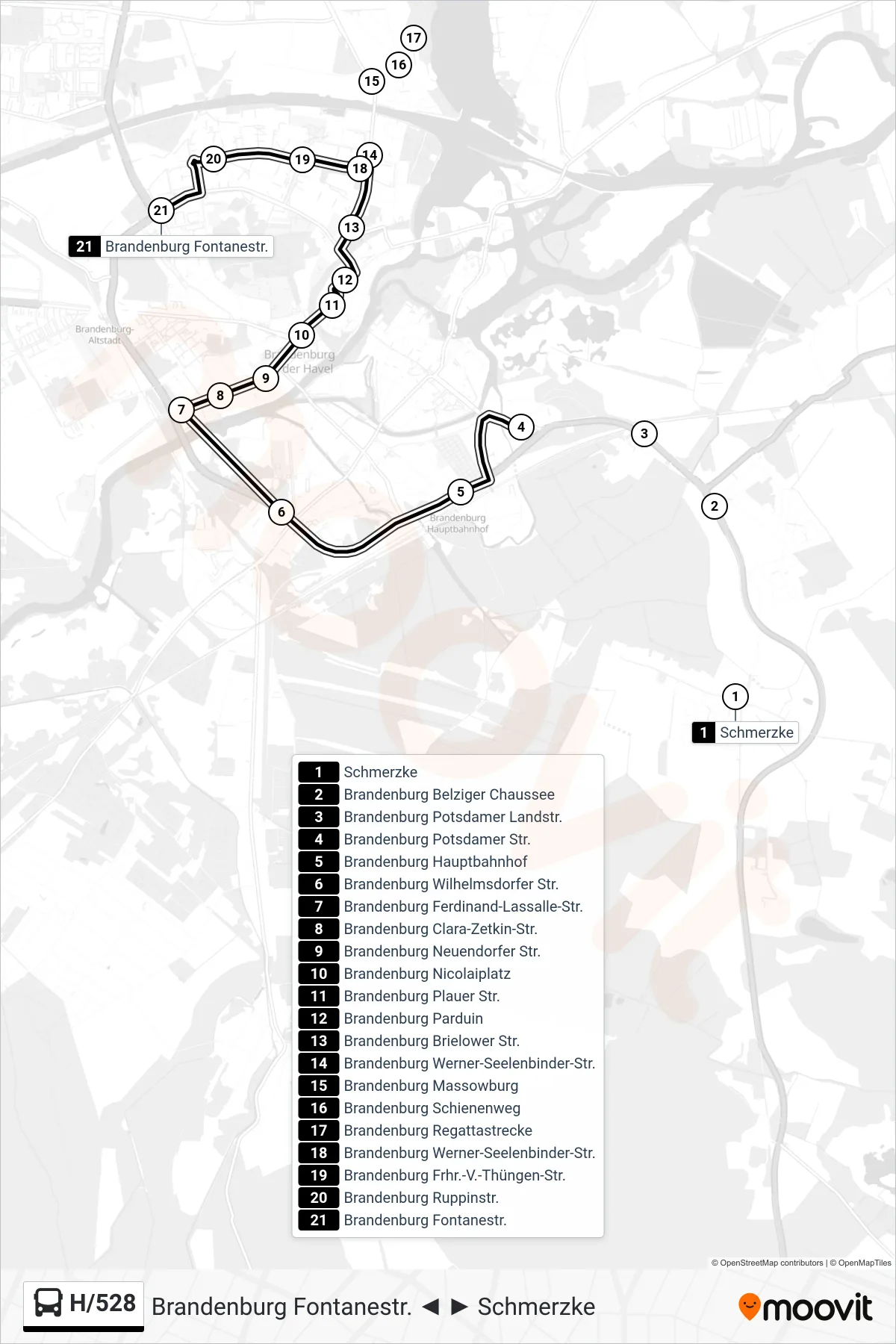 Linie H/528 (Bus) Richtung Brandenburg Fontanestr.: Route und Haltestellen auf der Karte