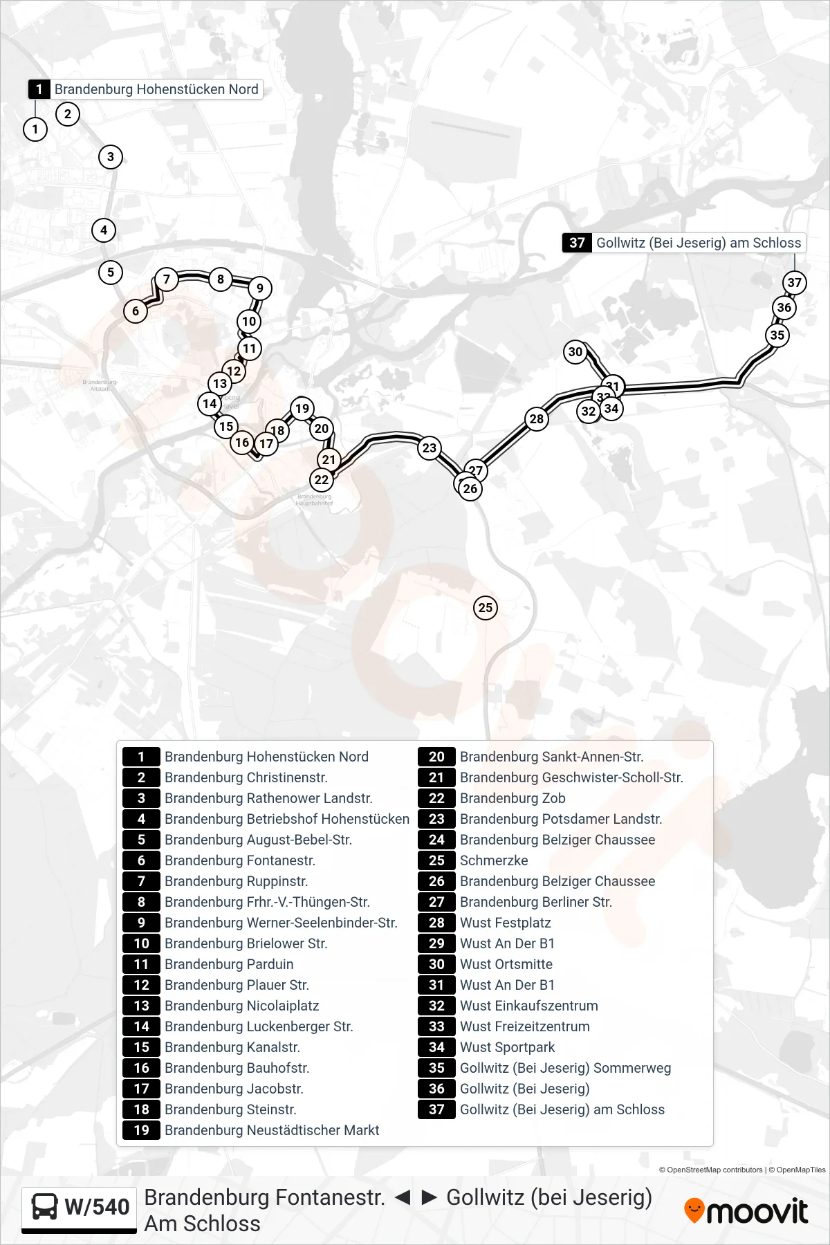Linie W/540 (Bus) Richtung Gollwitz (Bei Jeserig) am Schloss: Route und Haltestellen auf der Karte