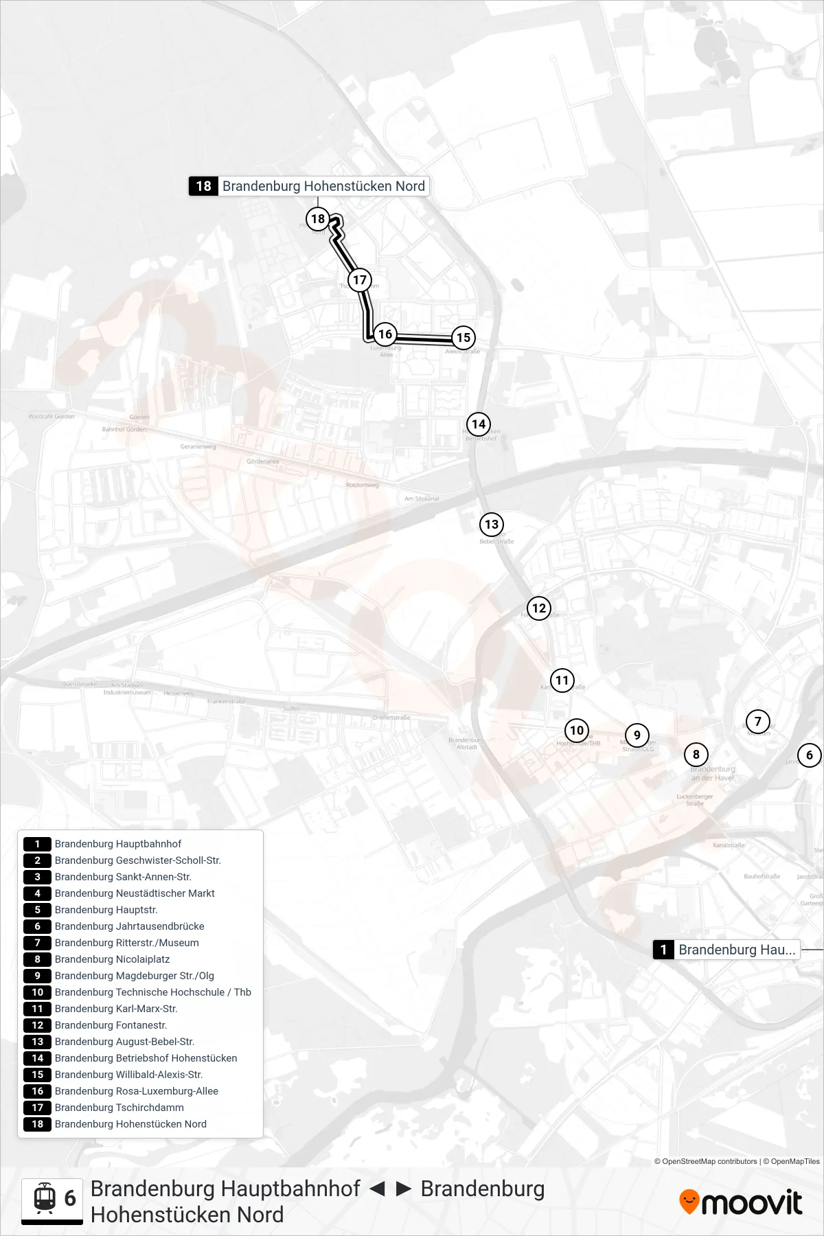 Linie 6 (Straßenbahn) Richtung Brandenburg Hohenstücken Nord: Route und Haltestellen auf der Karte