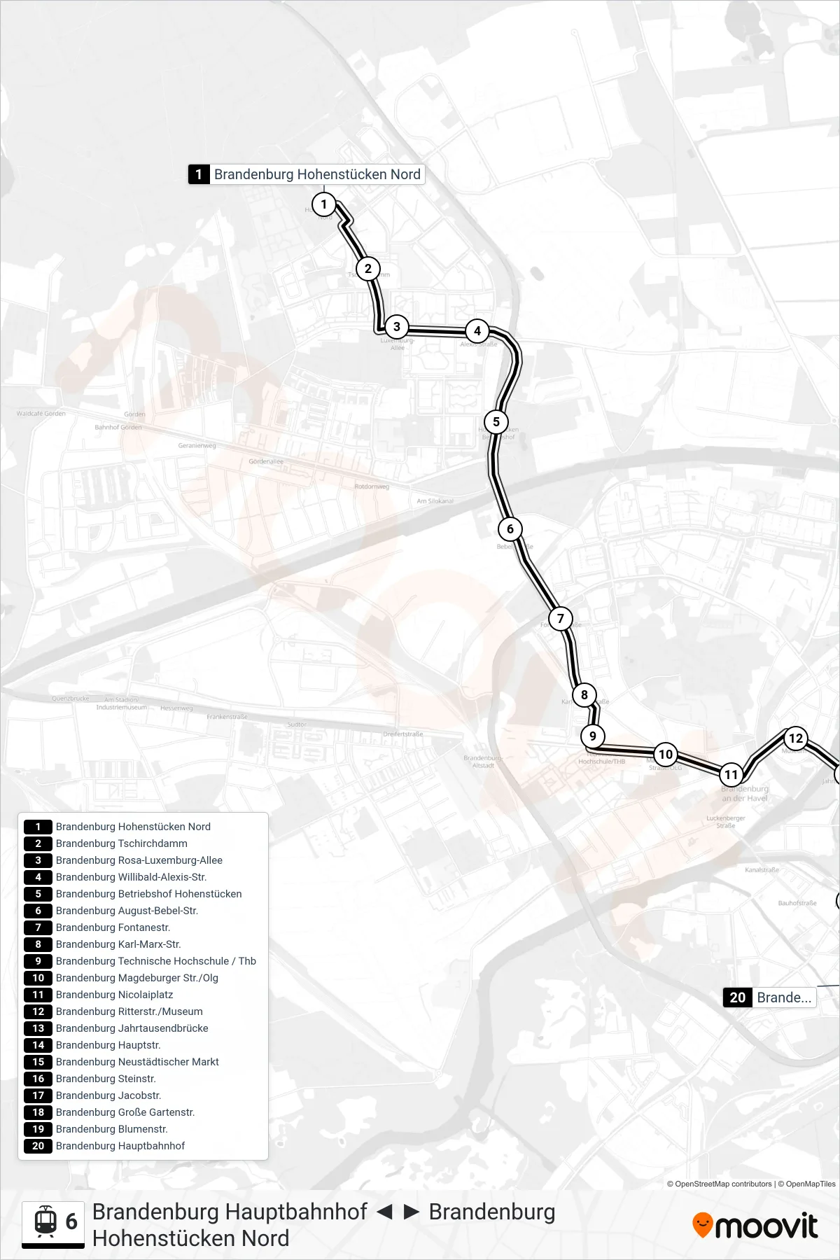 Linie 6 (Straßenbahn) Richtung Brandenburg Hauptbahnhof: Route und Haltestellen auf der Karte