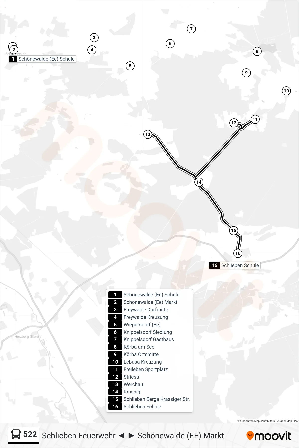 522 bus Line (Schlieben Schule) route and stops on a map