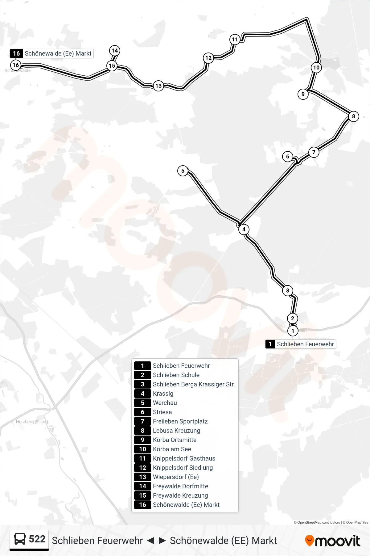 522 bus Line (Schönewalde (Ee) Markt) route and stops on a map
