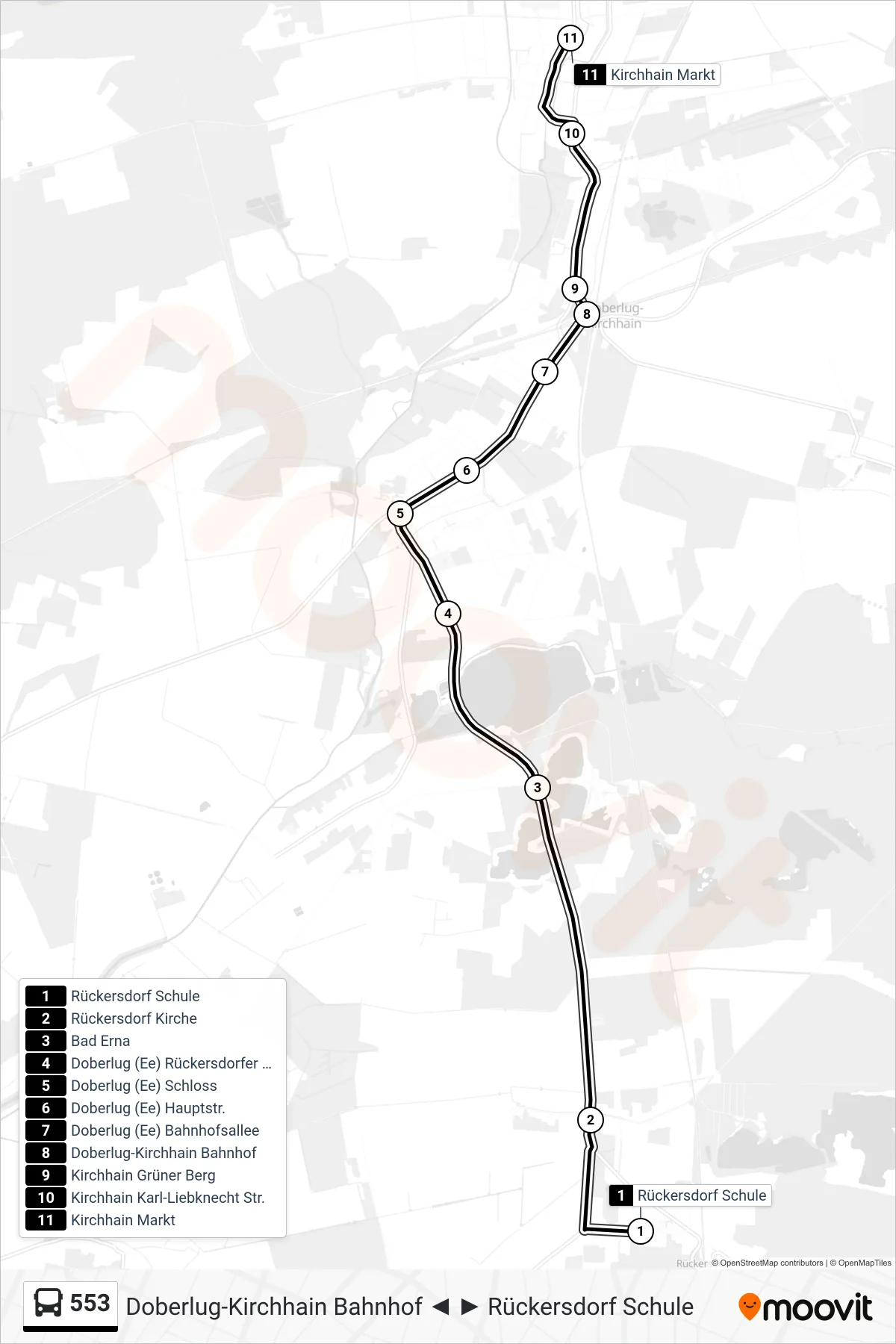 553 bus Line (Kirchhain Markt) route and stops on a map