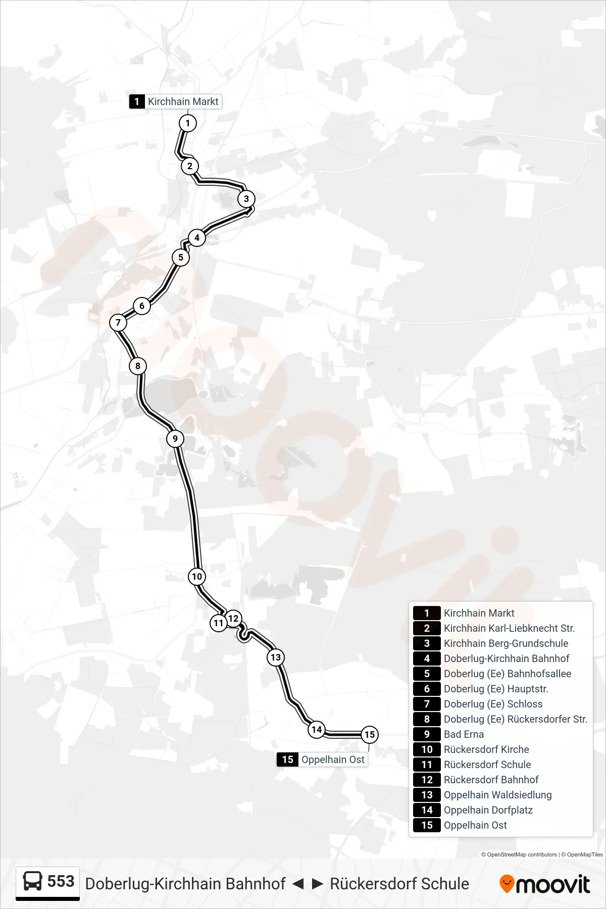Linie 553 (Bus) Richtung Oppelhain Ost: Route und Haltestellen auf der Karte