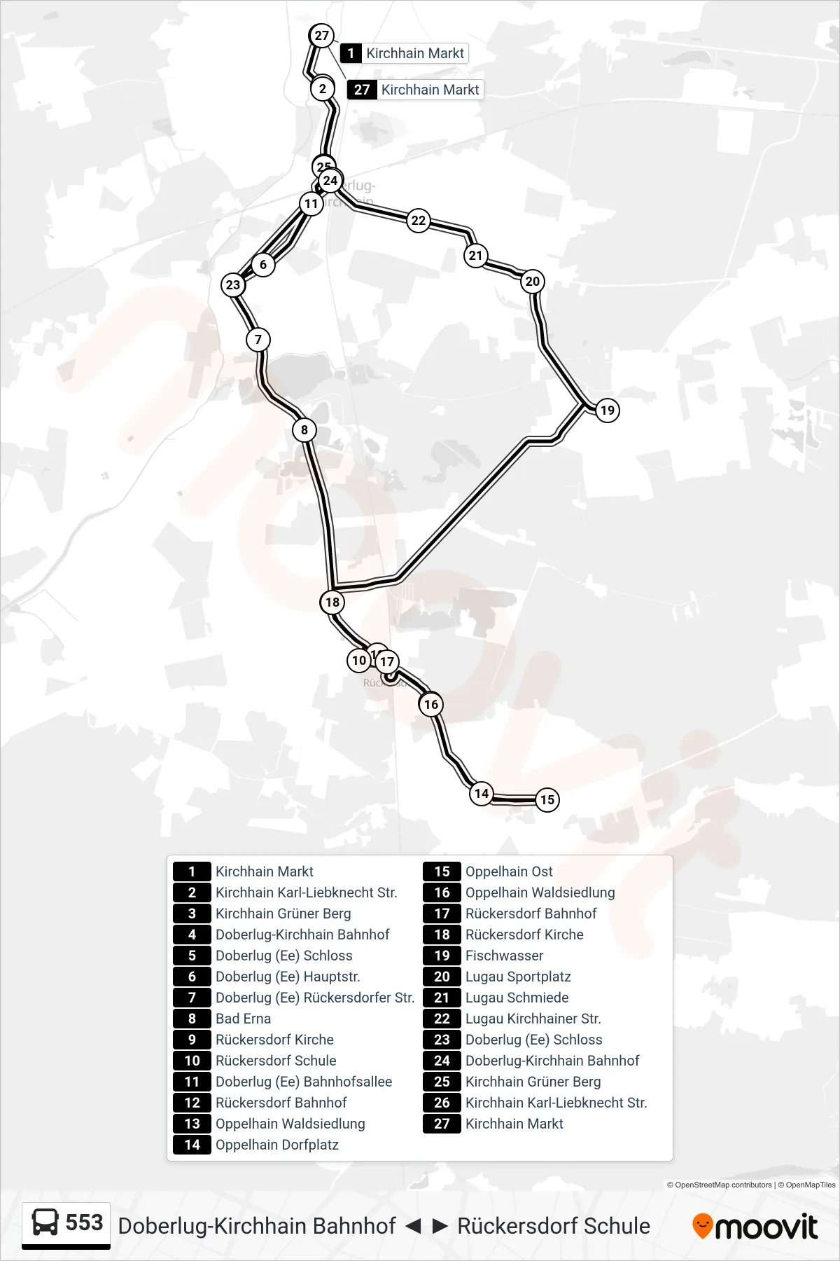 553 bus Line (Kirchhain Markt) route and stops on a map