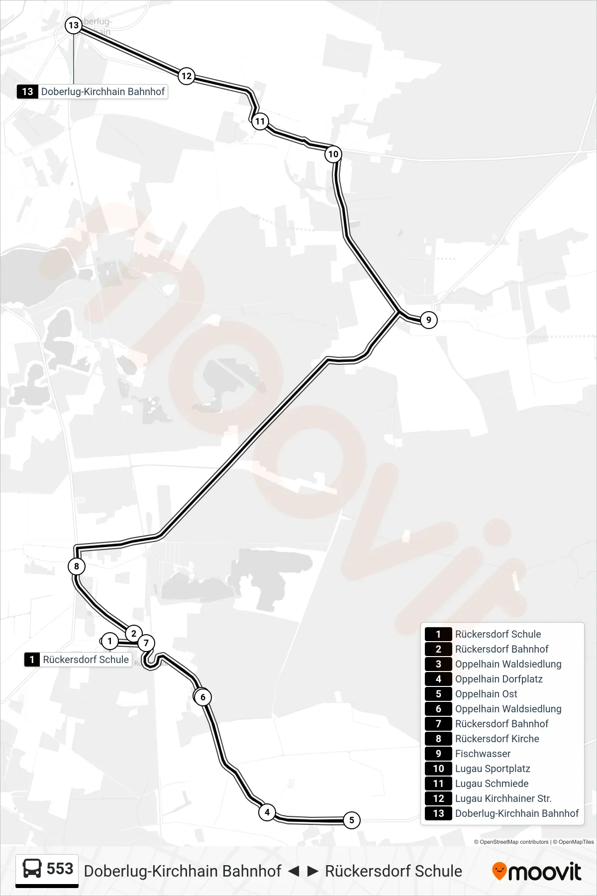 Linie 553 (Bus) Richtung Doberlug-Kirchhain Bahnhof: Route und Haltestellen auf der Karte