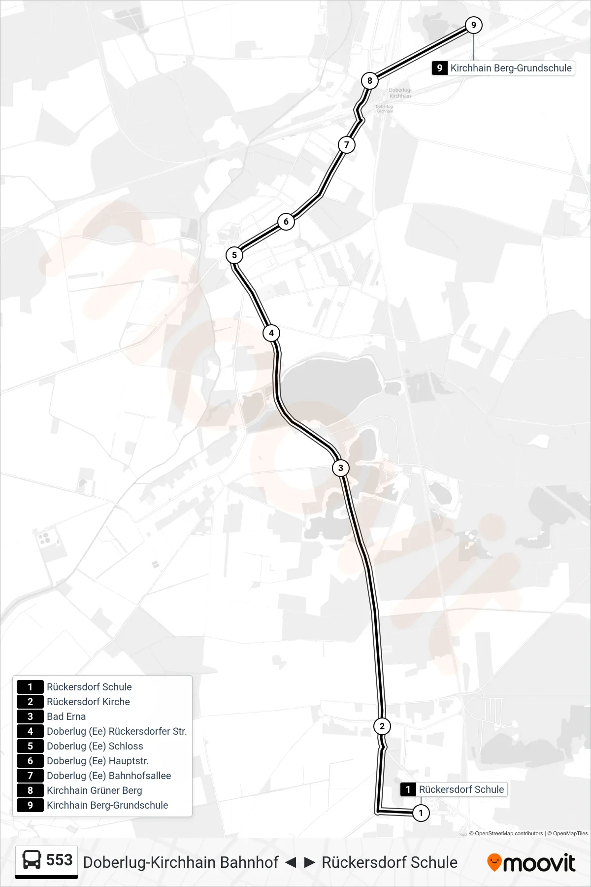 553 bus Line (Kirchhain Berg-Grundschule) route and stops on a map