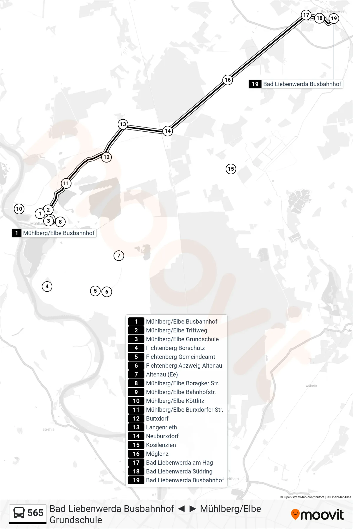 Linie 565 (Bus) Richtung Bad Liebenwerda Busbahnhof: Route und Haltestellen auf der Karte