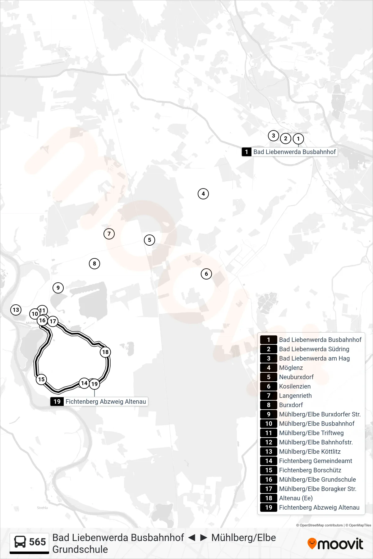 Linie 565 (Bus) Richtung Mühlberg/Elbe Grundschule: Route und Haltestellen auf der Karte