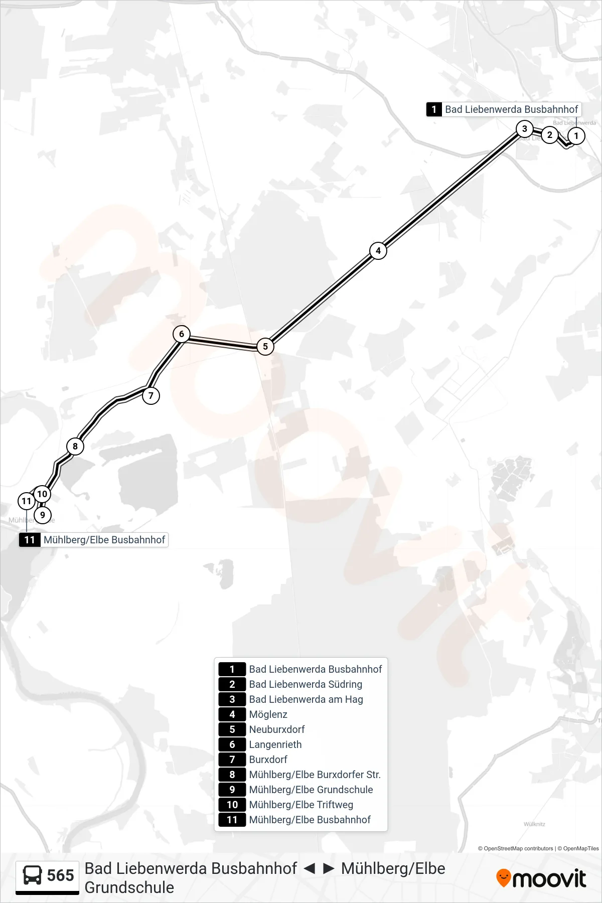 Linie 565 (Bus) Richtung Mühlberg/Elbe Busbahnhof: Route und Haltestellen auf der Karte