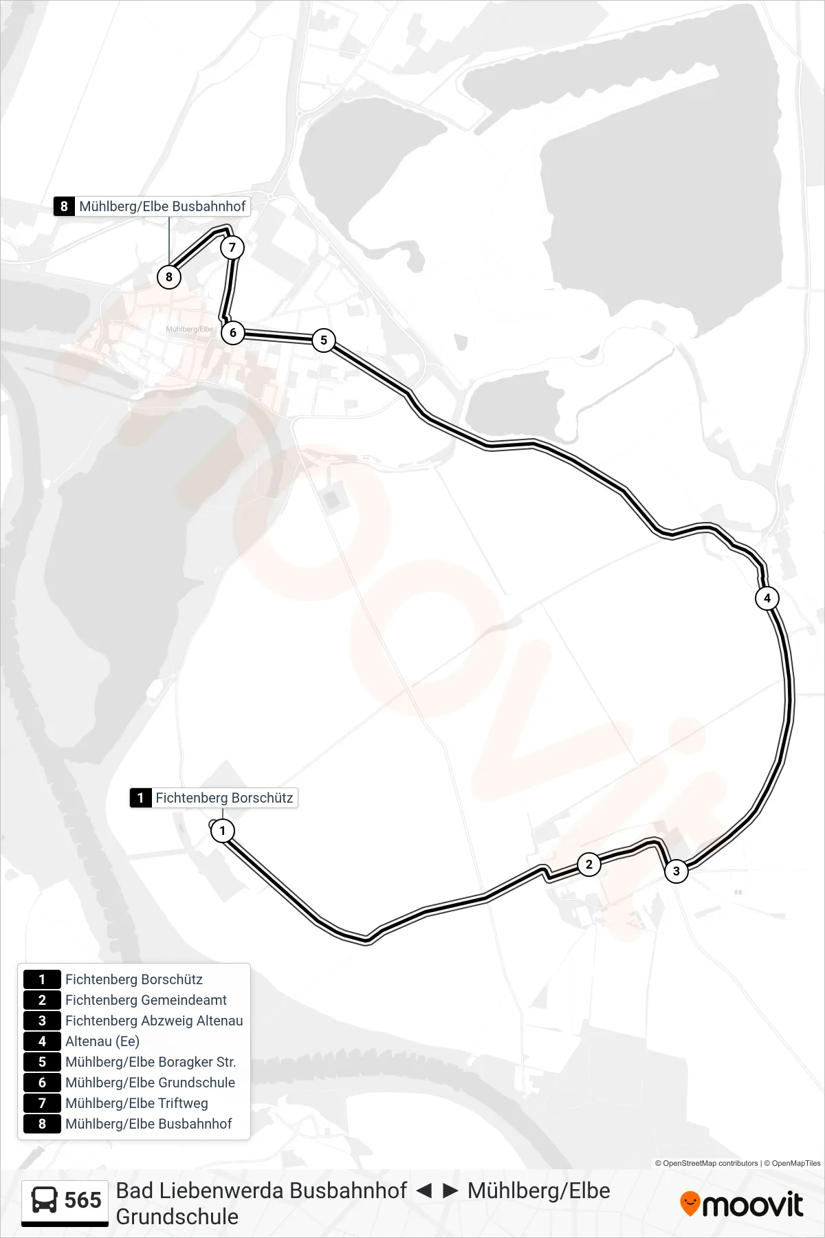 Linie 565 (Bus) Richtung Mühlberg/Elbe Busbahnhof: Route und Haltestellen auf der Karte