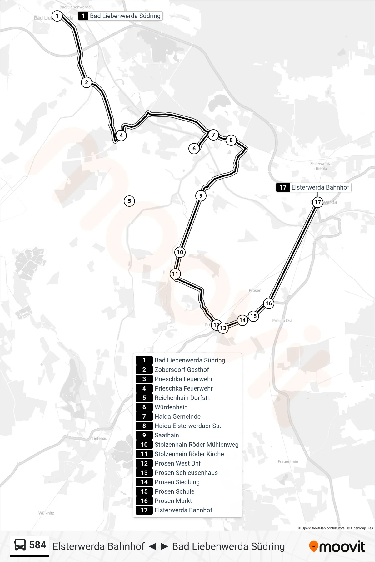 Linie 584 (Bus) Richtung Elsterwerda Bahnhof: Route und Haltestellen auf der Karte