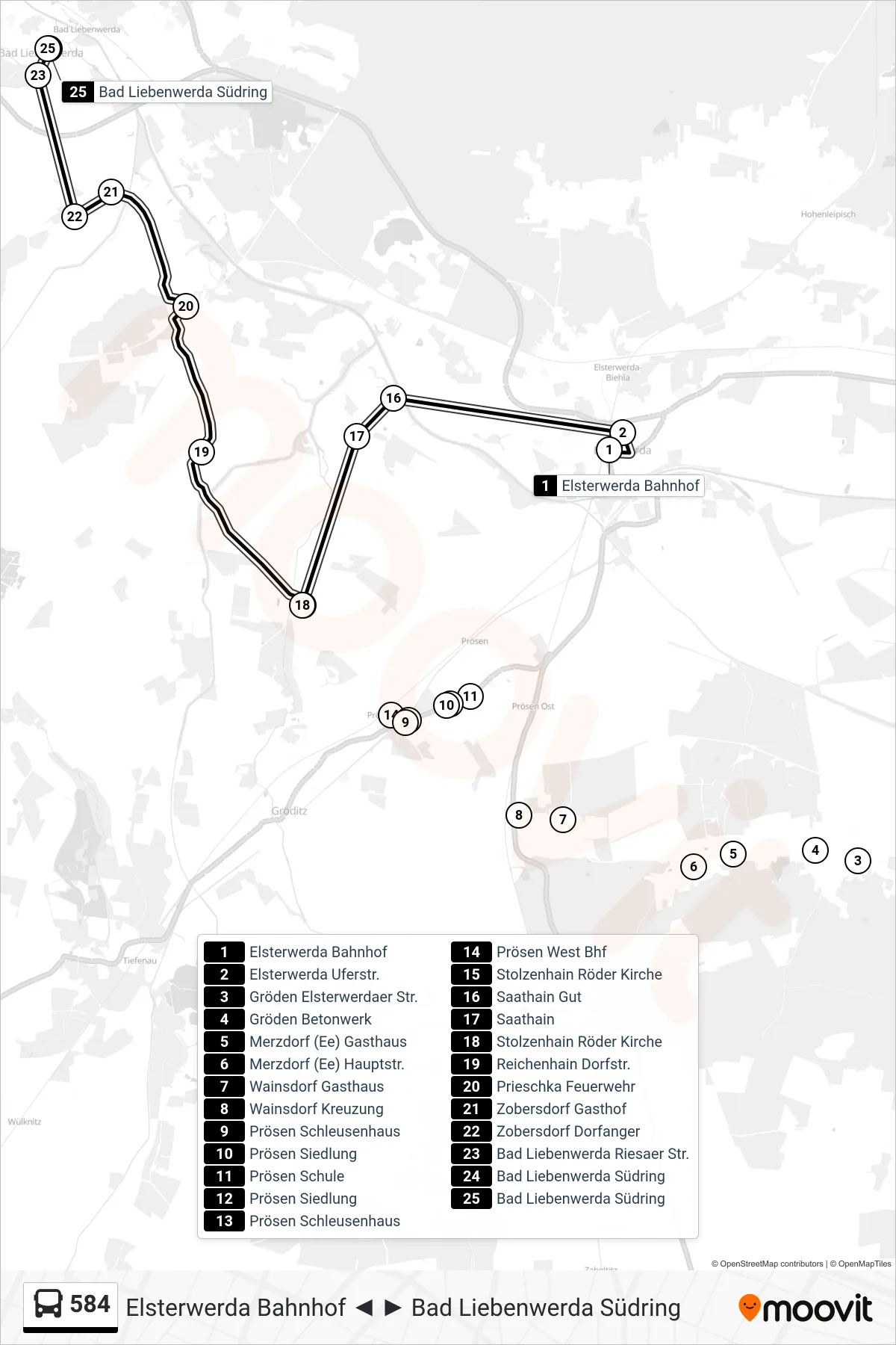 Linie 584 (Bus) Richtung Bad Liebenwerda Südring: Route und Haltestellen auf der Karte