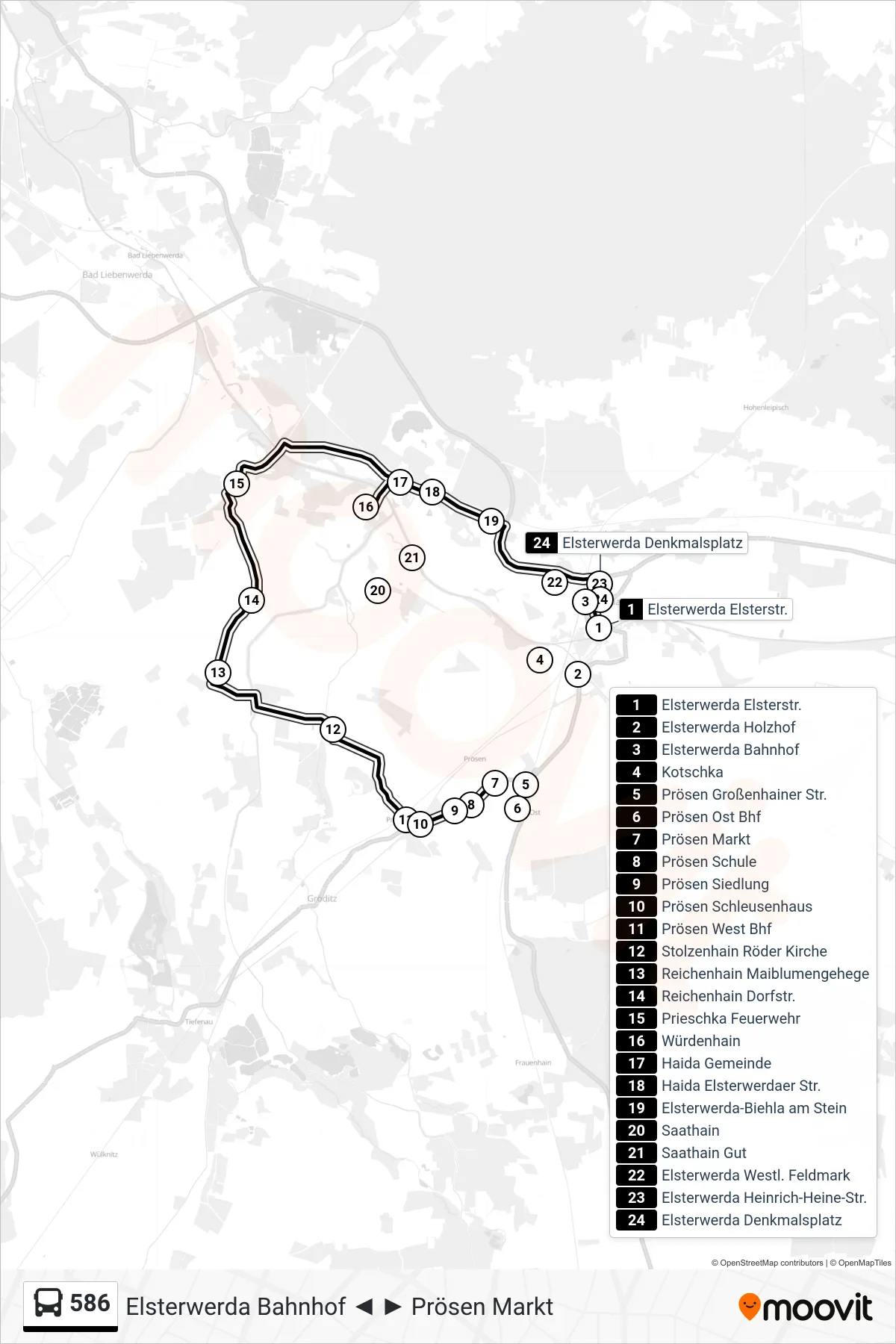 586 bus Line (Elsterwerda Bahnhof) route and stops on a map