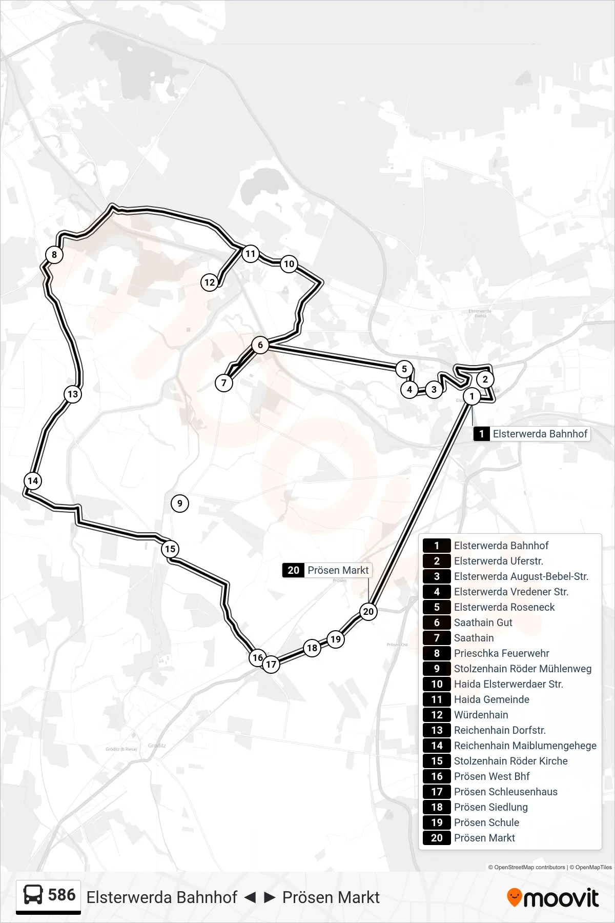 Linie 586 (Bus) Richtung Elsterwerda Bahnhof: Route und Haltestellen auf der Karte
