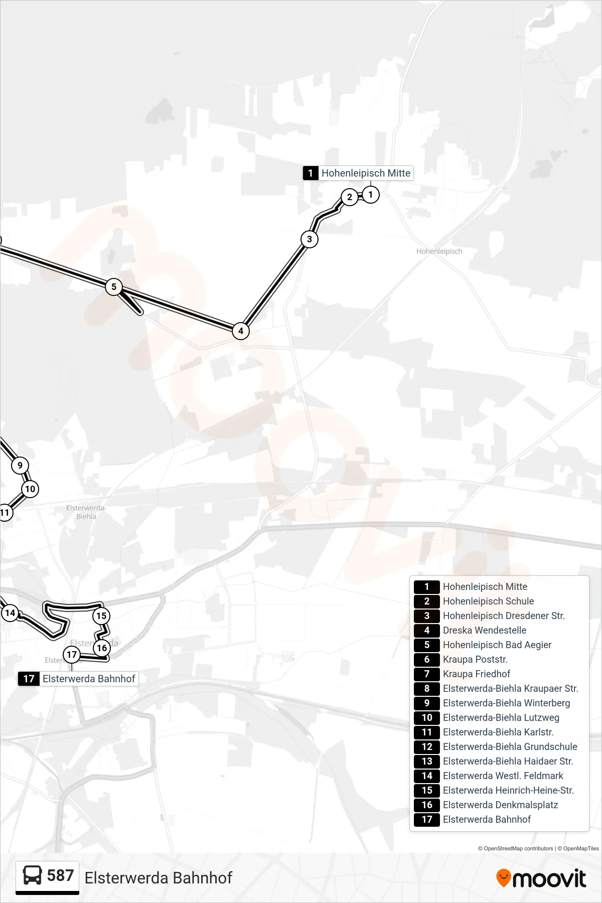 Linie 587 (Bus) Richtung Elsterwerda Bahnhof: Route und Haltestellen auf der Karte