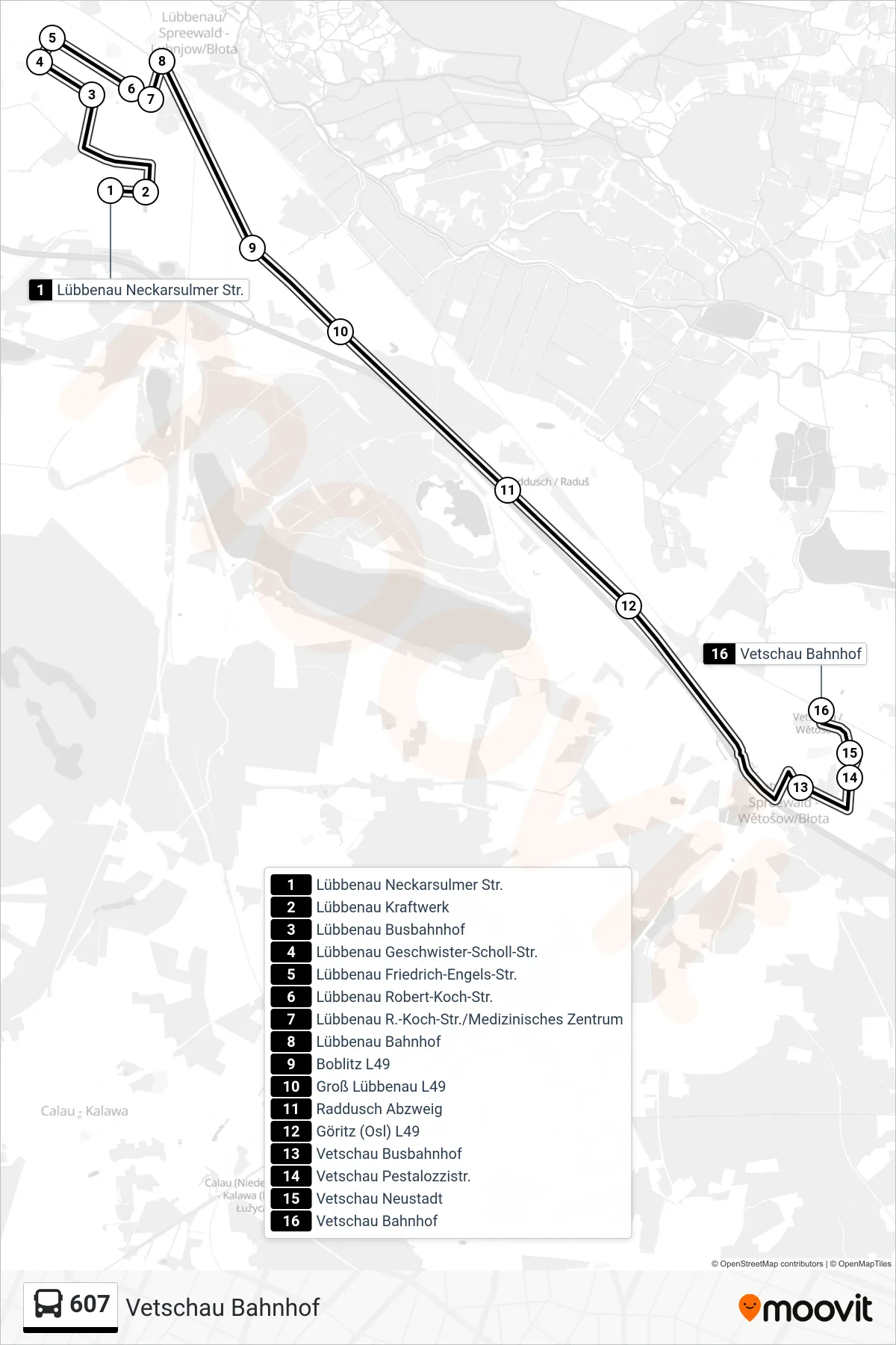 Linie 607 (Bus) Richtung Vetschau Bahnhof: Route und Haltestellen auf der Karte