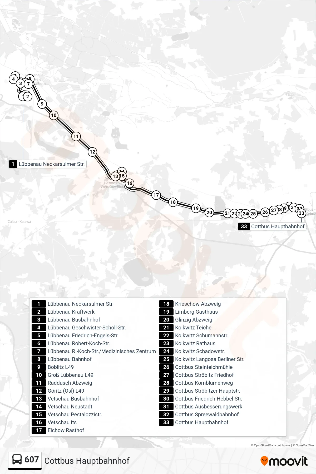 Linie 607 (Bus) Richtung Cottbus Hauptbahnhof: Route und Haltestellen auf der Karte