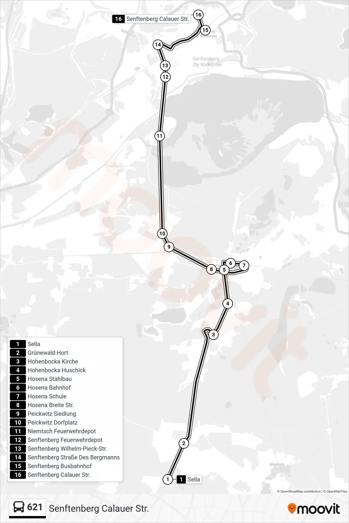 Linie 621 (Bus) Richtung Senftenberg Calauer Str.: Route und Haltestellen auf der Karte