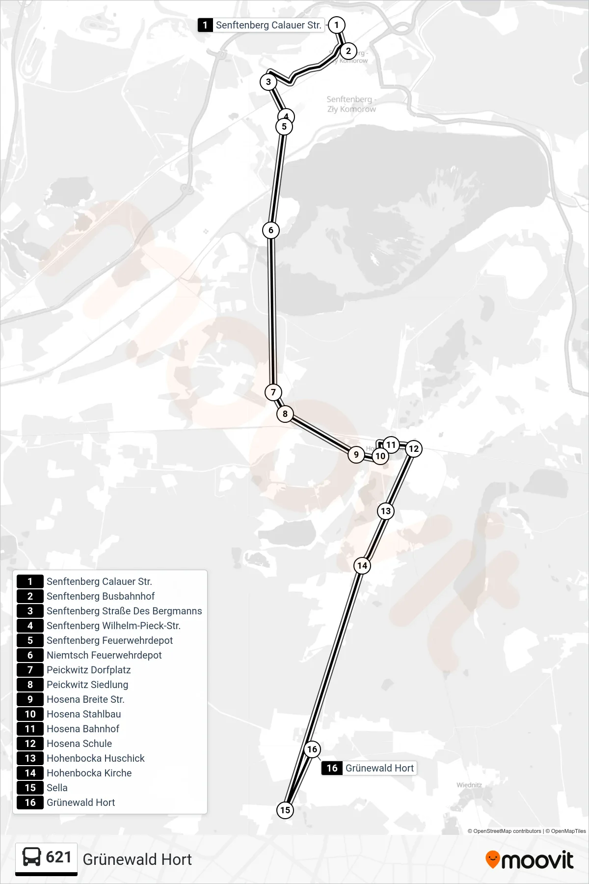 Linie 621 (Bus) Richtung Grünewald Hort: Route und Haltestellen auf der Karte