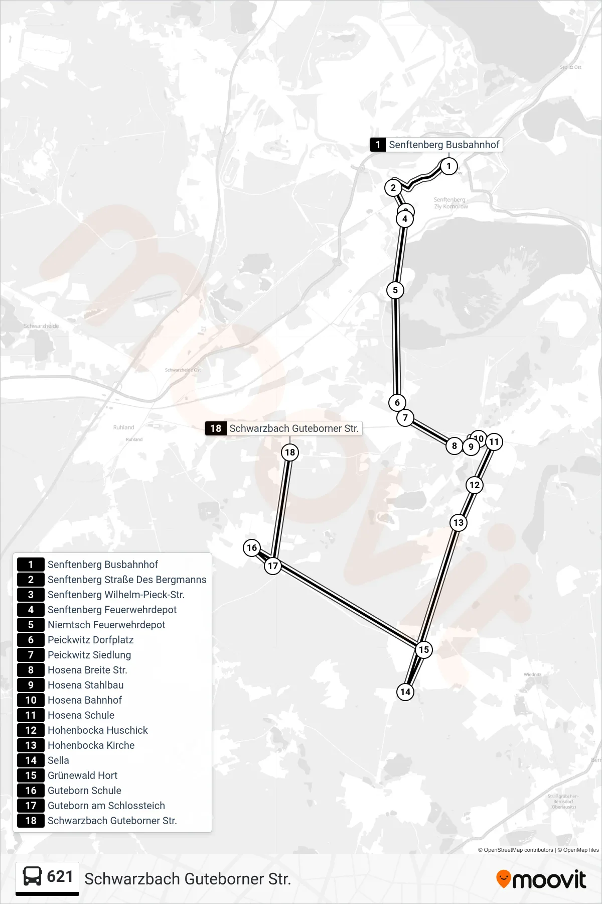Linie 621 (Bus) Richtung Schwarzbach Guteborner Str.: Route und Haltestellen auf der Karte