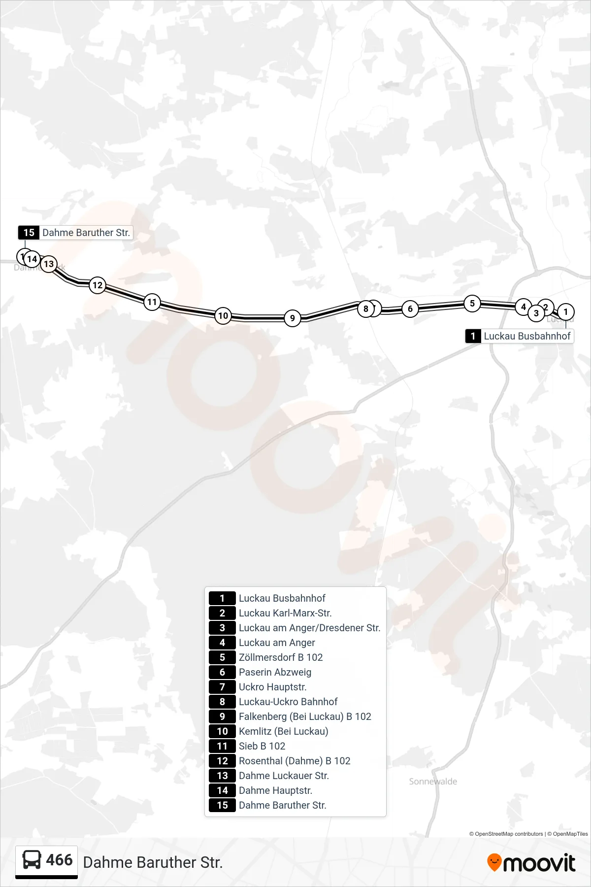 Linie 466 (Bus) Richtung Dahme Baruther Str.: Route und Haltestellen auf der Karte