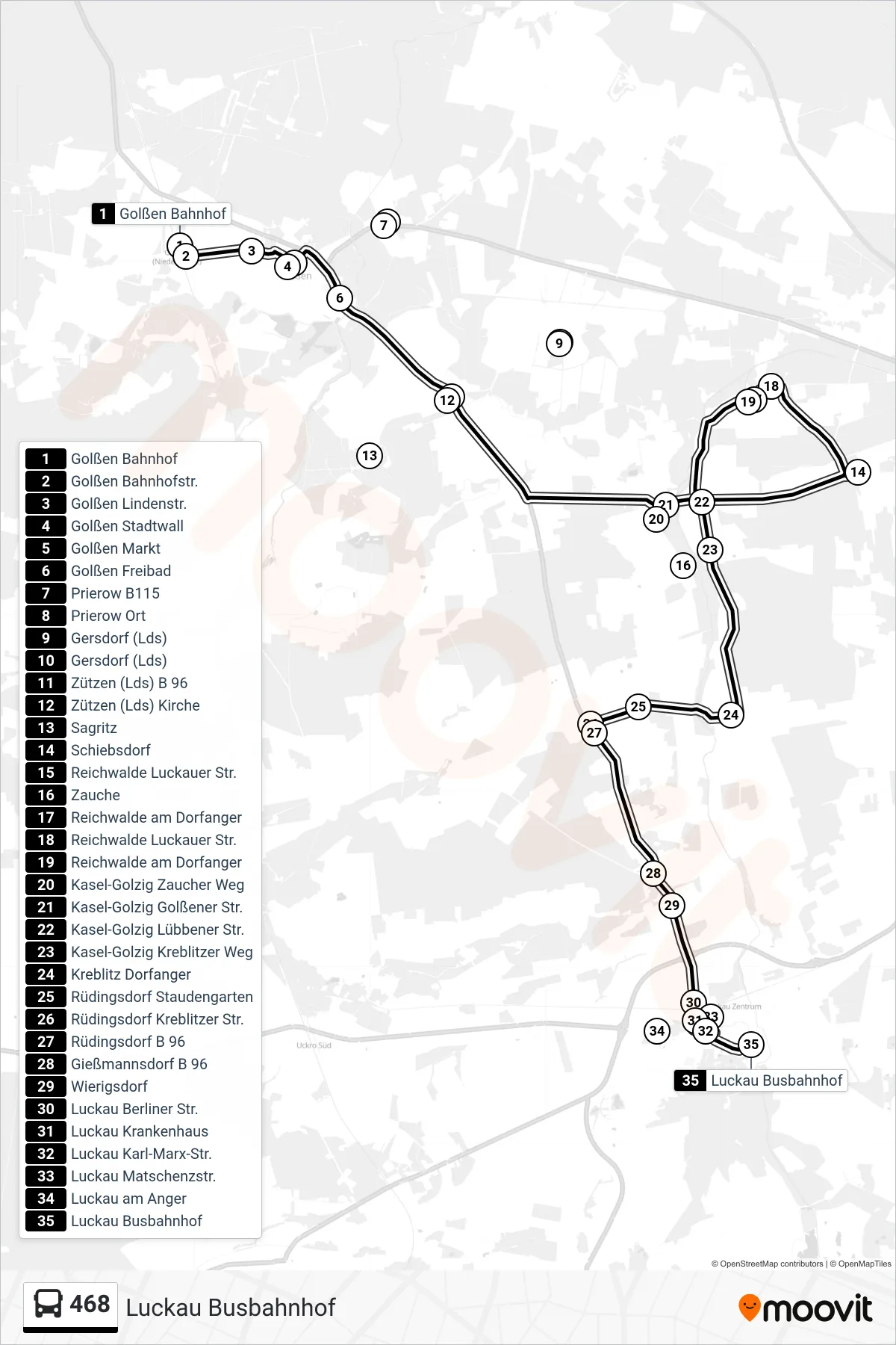 468 bus Line (Luckau Busbahnhof) route and stops on a map