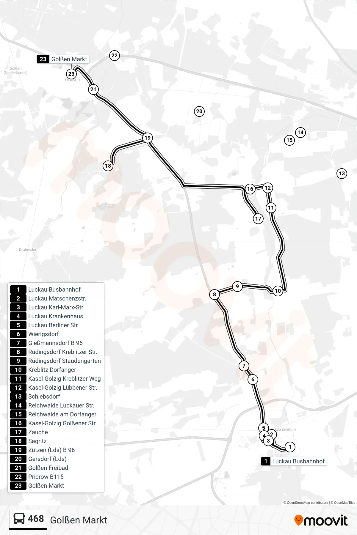 468 bus Line (Golßen Markt) route and stops on a map
