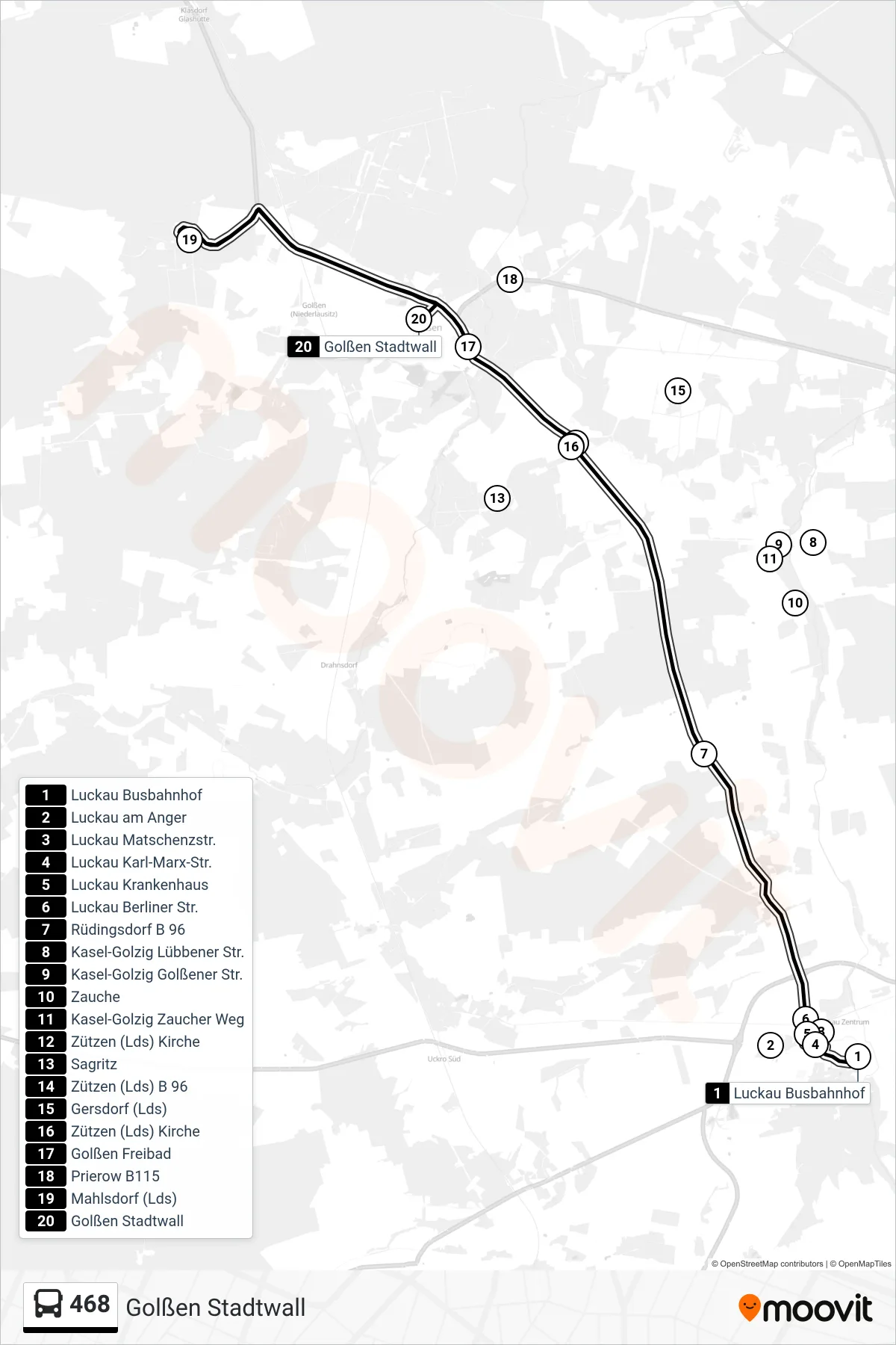 Linie 468 (Bus) Richtung Golßen Stadtwall: Route und Haltestellen auf der Karte