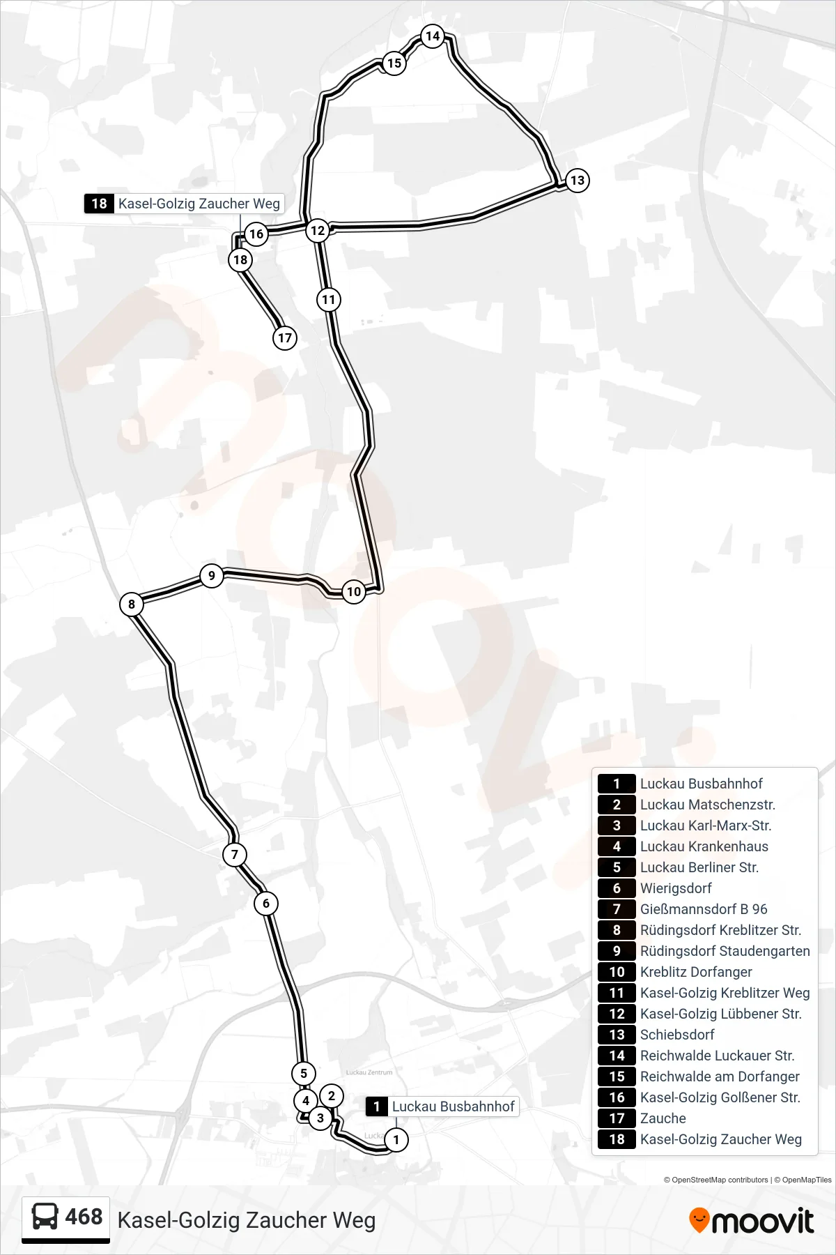 468 bus Line (Kasel-Golzig Zaucher Weg) route and stops on a map