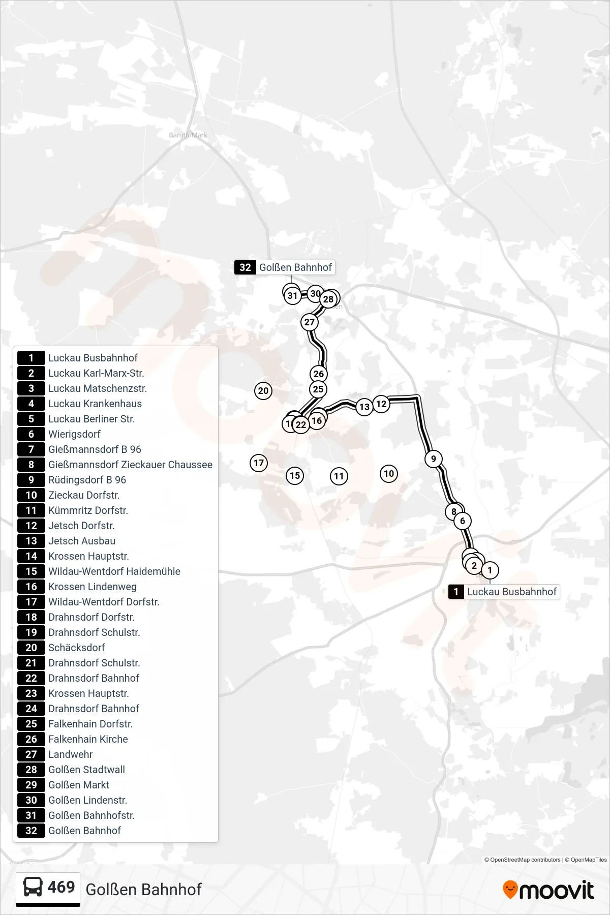 Linie 469 (Bus) Richtung Golßen Bahnhof: Route und Haltestellen auf der Karte