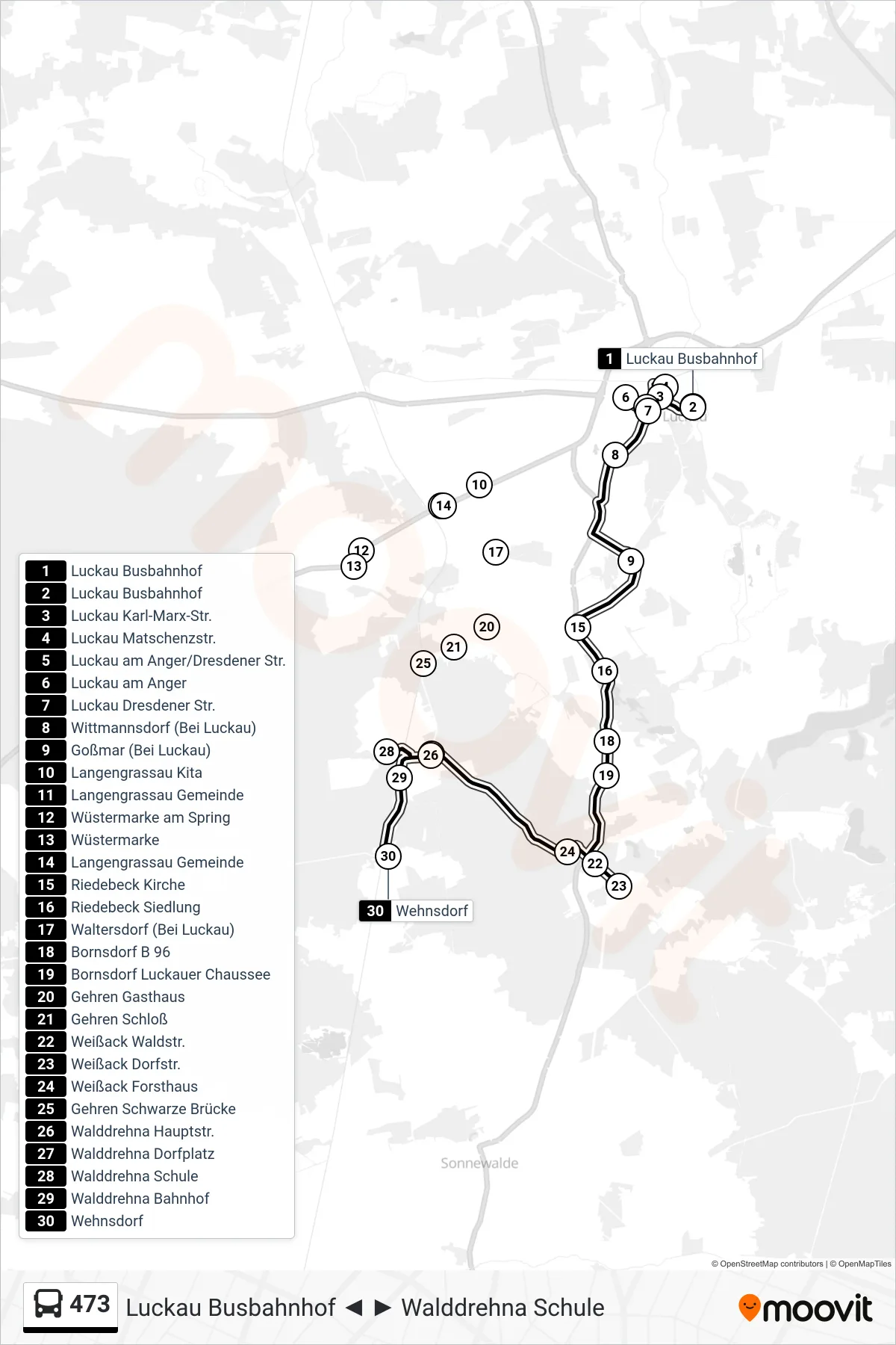 473 bus Line (Wehnsdorf) route and stops on a map