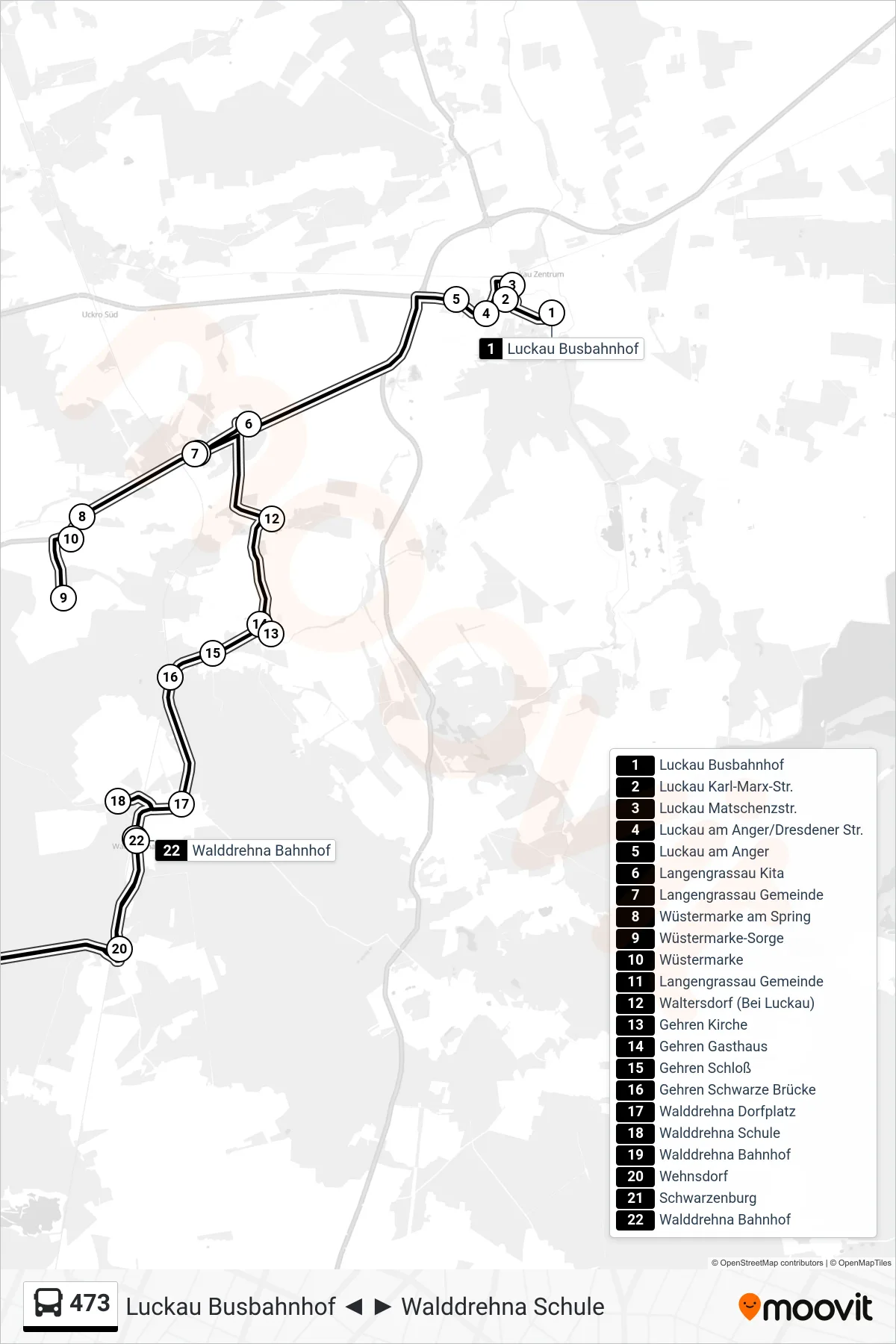 473 bus Line (Walddrehna Bahnhof) route and stops on a map