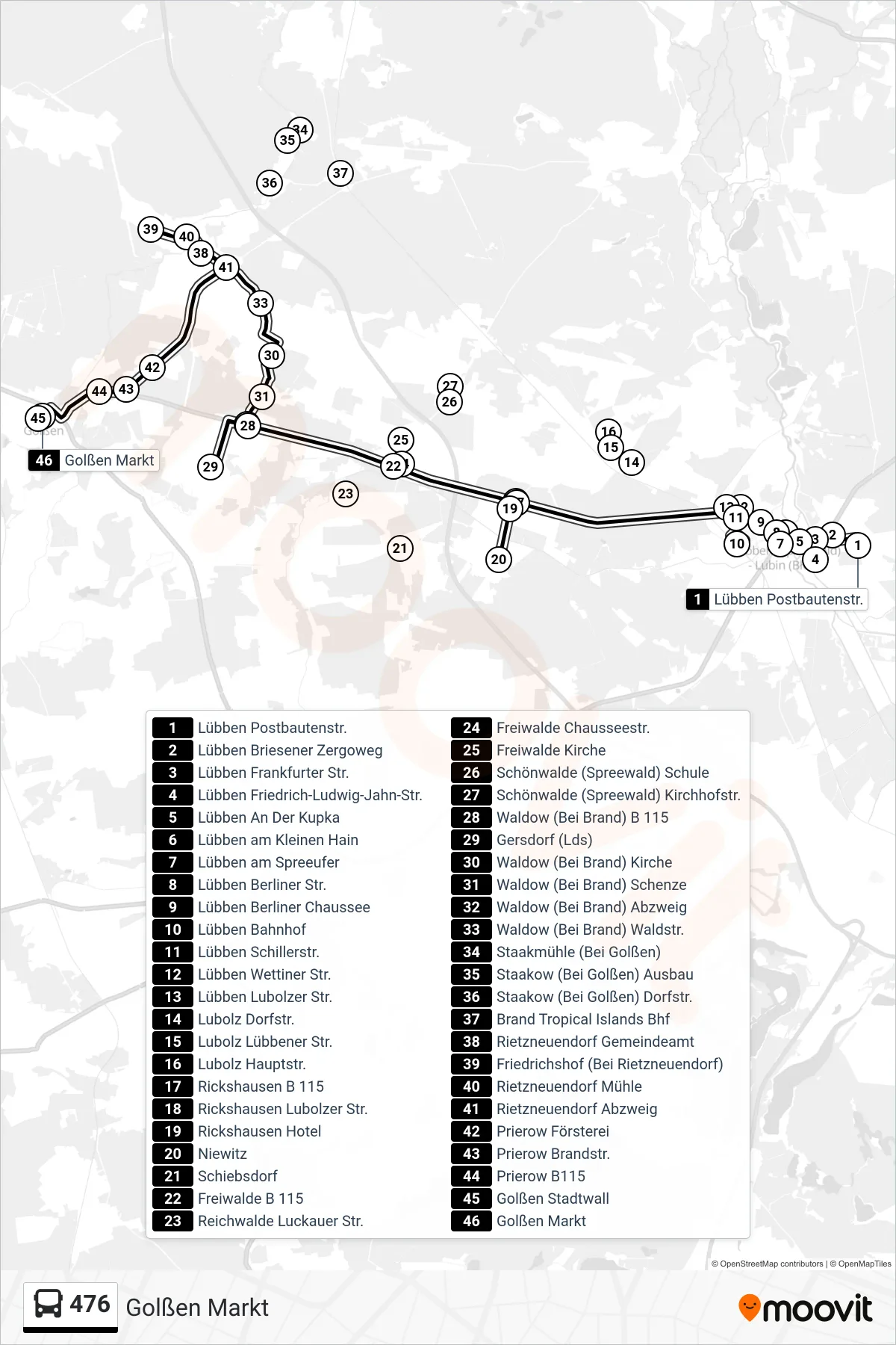 Linie 476 (Bus) Richtung Golßen Markt: Route und Haltestellen auf der Karte