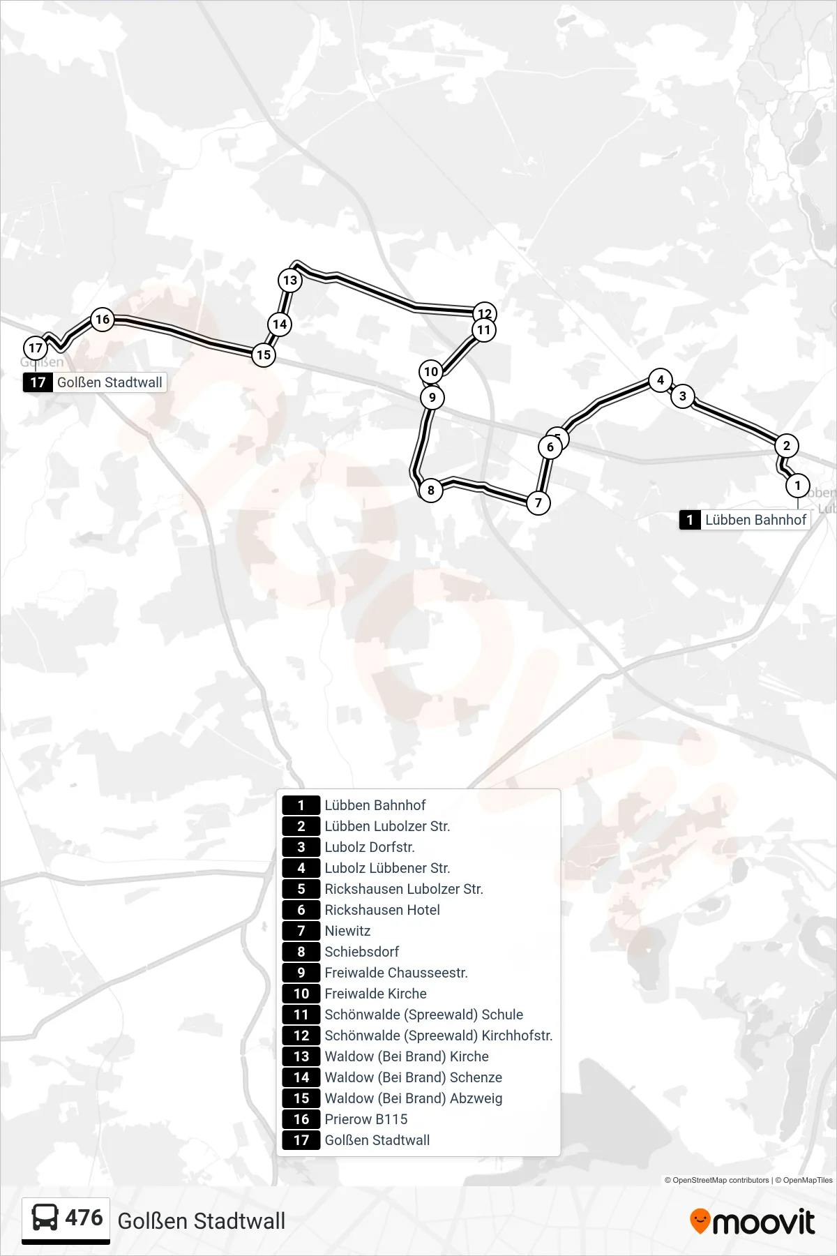 Linie 476 (Bus) Richtung Golßen Stadtwall: Route und Haltestellen auf der Karte