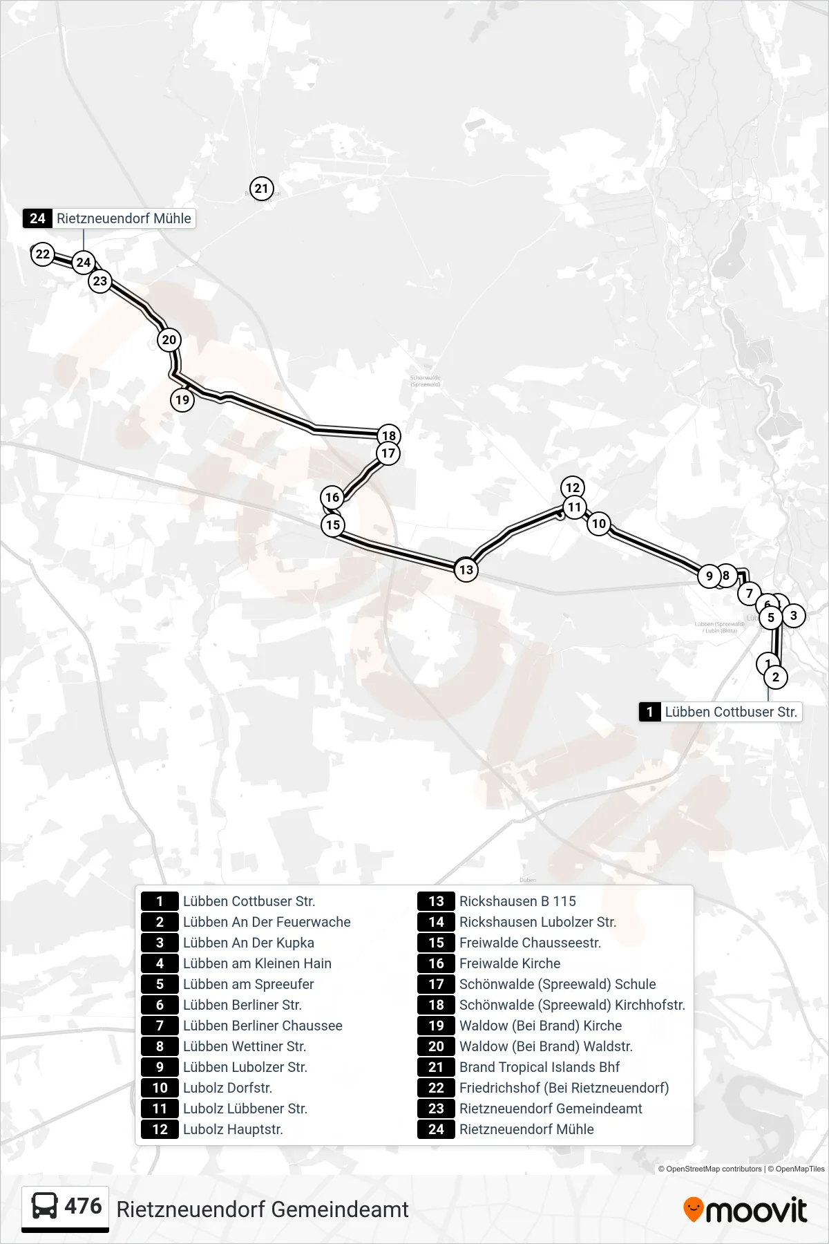 Linie 476 (Bus) Richtung Rietzneuendorf Gemeindeamt: Route und Haltestellen auf der Karte