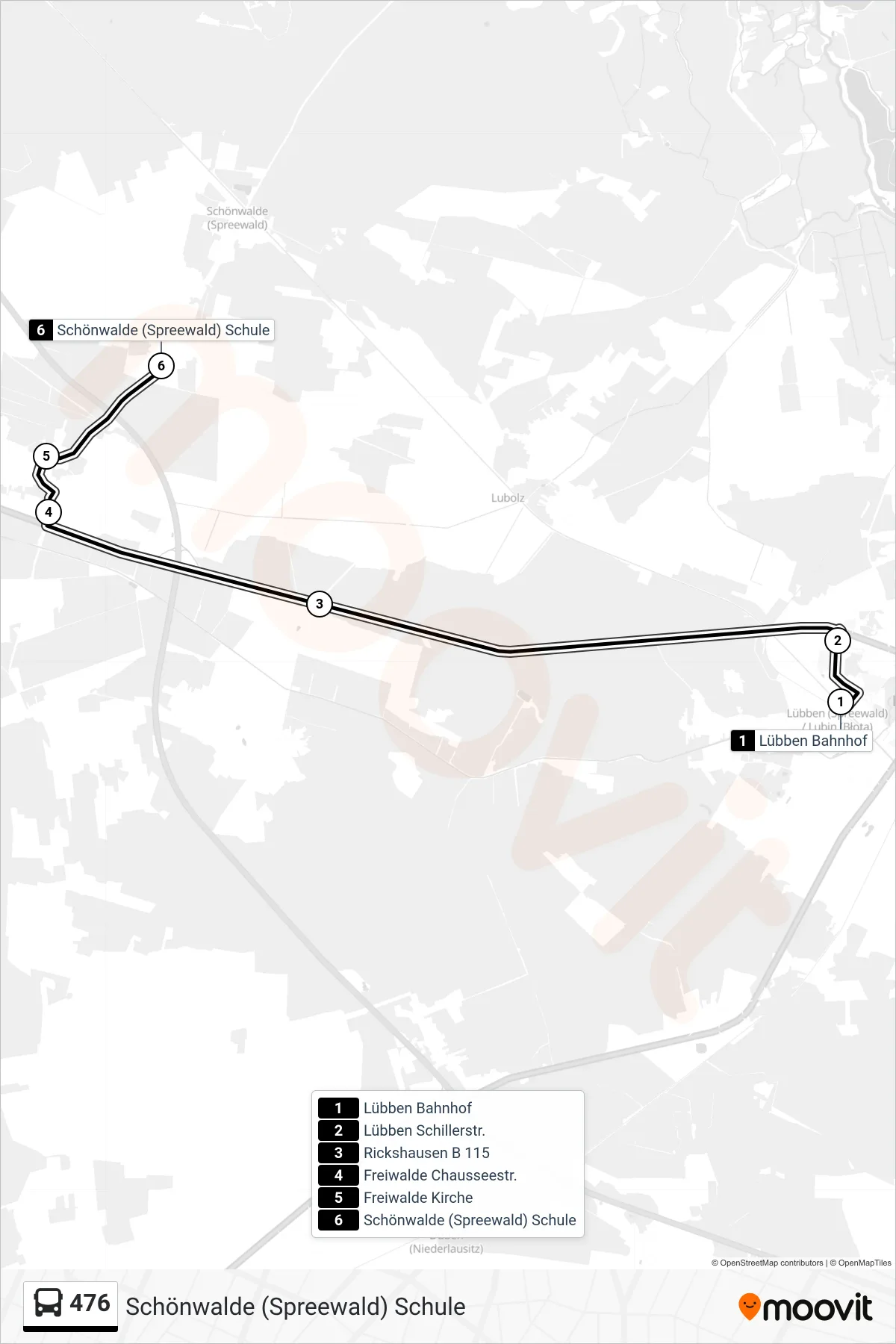 Linie 476 (Bus) Richtung Schönwalde (Spreewald) Schule: Route und Haltestellen auf der Karte