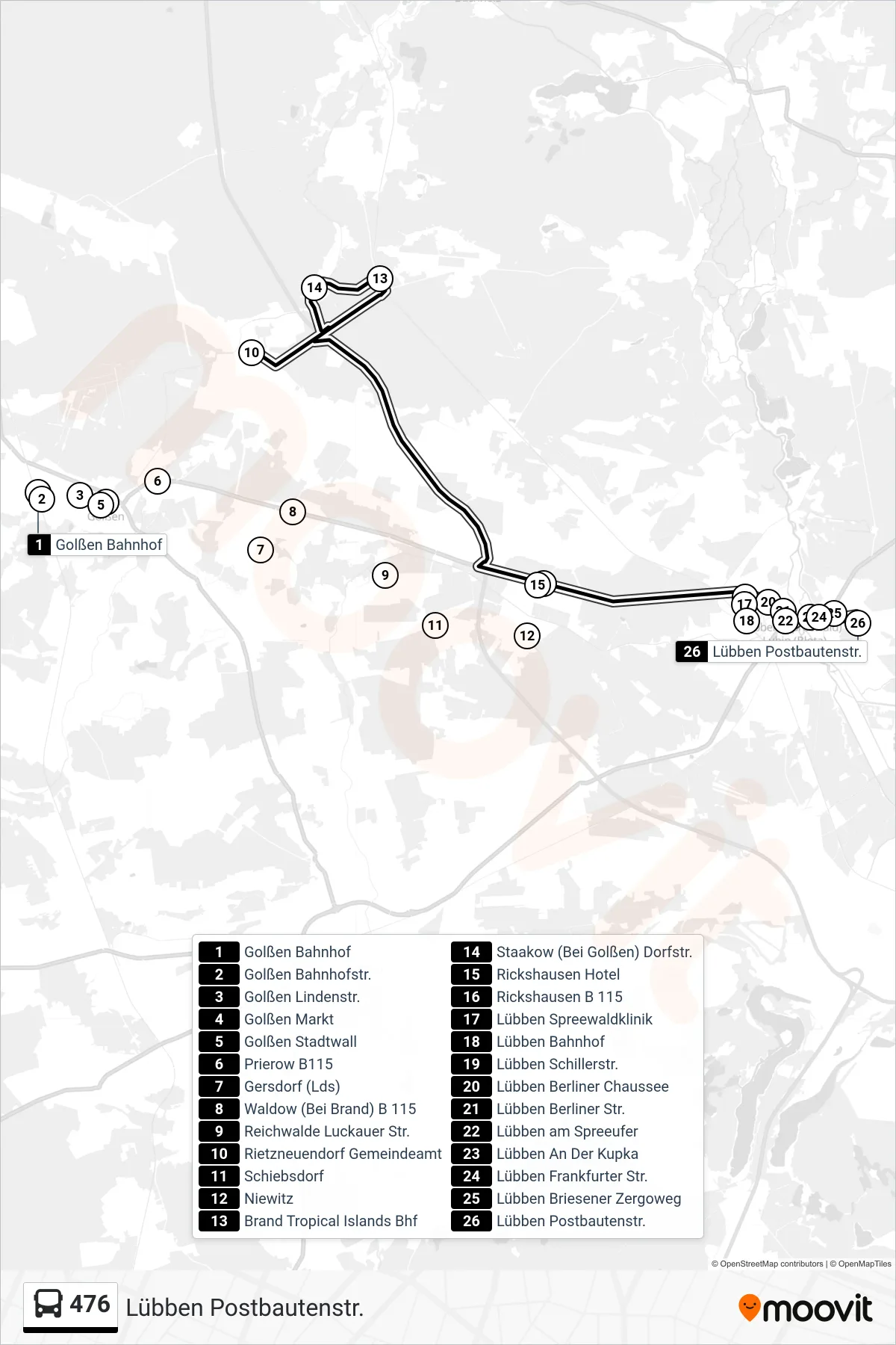 Linie 476 (Bus) Richtung Lübben Postbautenstr.: Route und Haltestellen auf der Karte