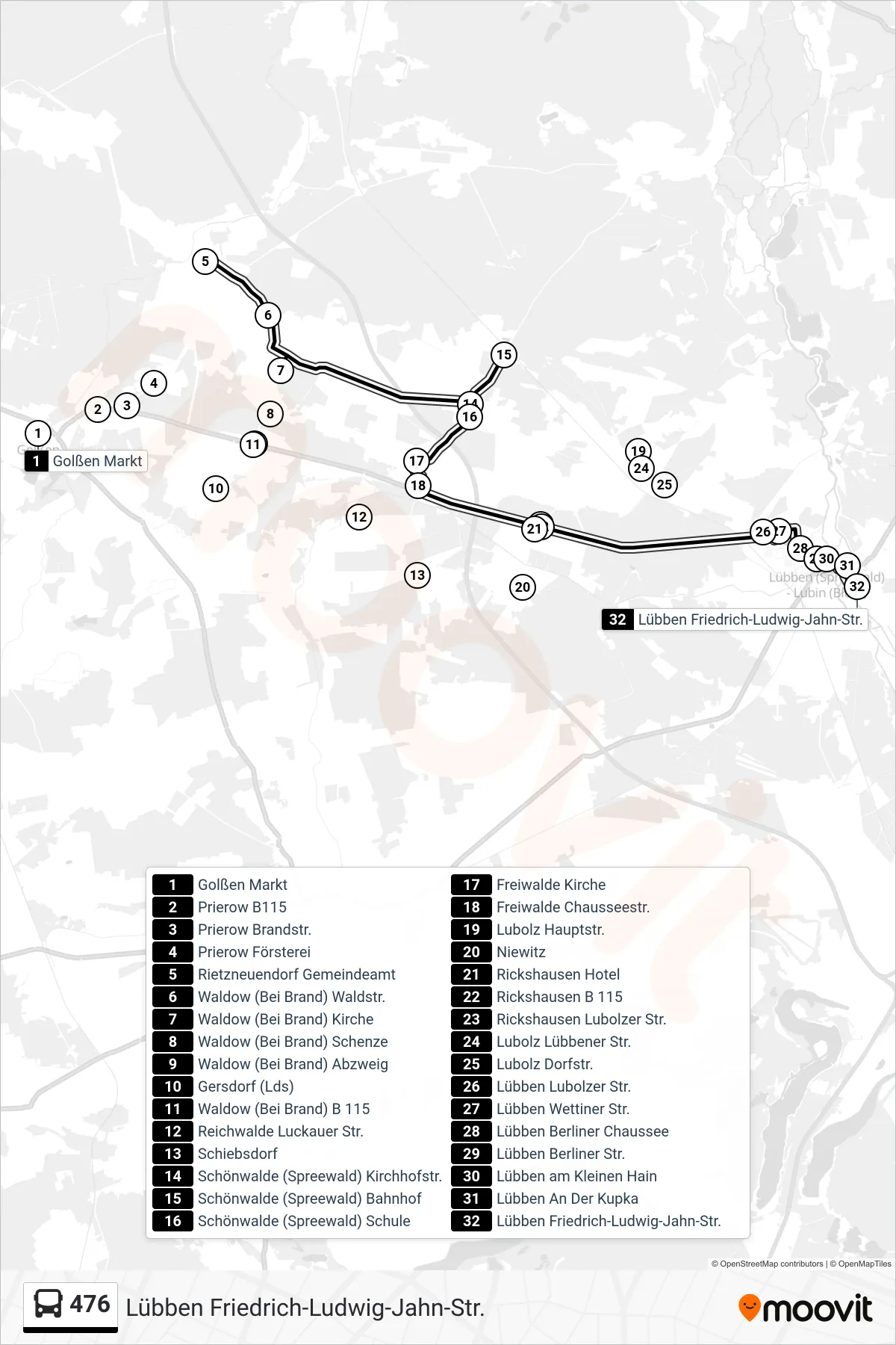 Linie 476 (Bus) Richtung Lübben Friedrich-Ludwig-Jahn-Str.: Route und Haltestellen auf der Karte