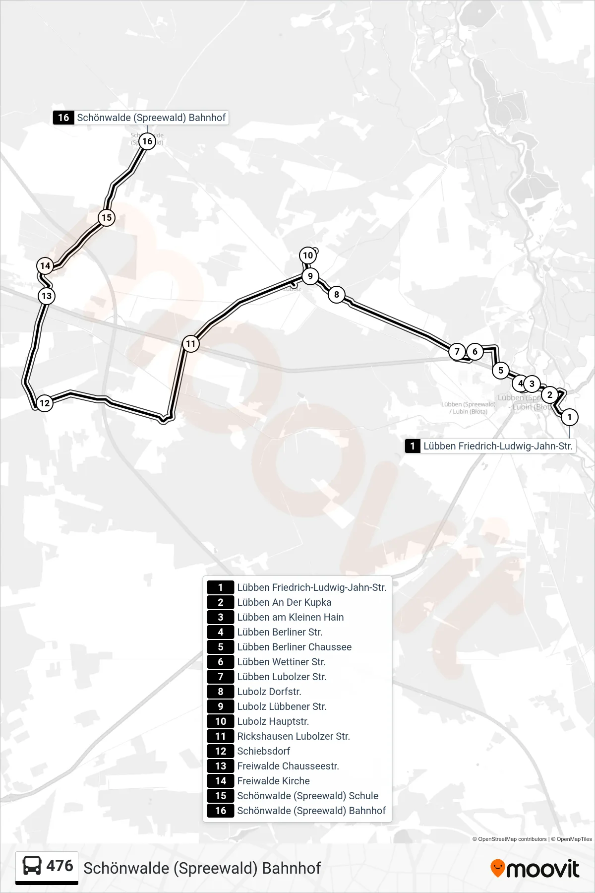 Linie 476 (Bus) Richtung Schönwalde (Spreewald) Bahnhof: Route und Haltestellen auf der Karte