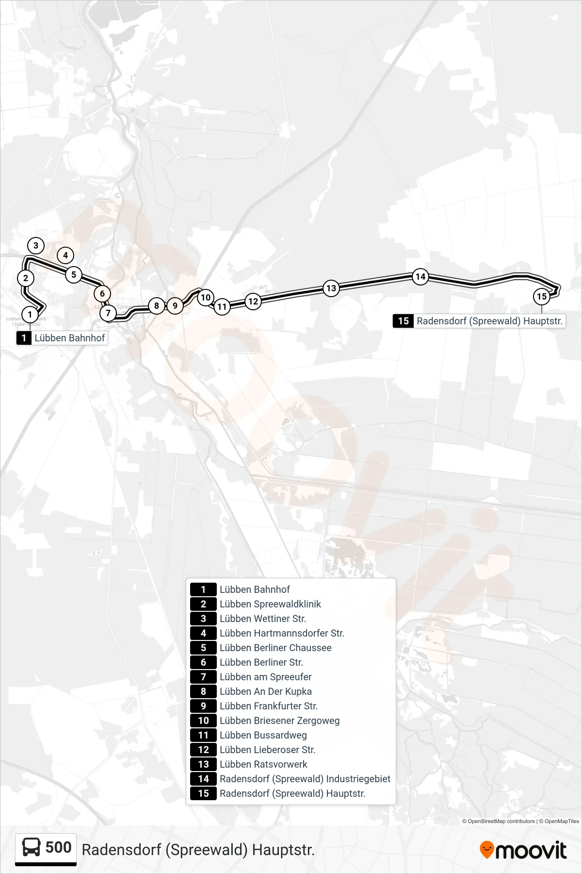 Linie 500 (Bus) Richtung Radensdorf (Spreewald) Hauptstr.: Route und Haltestellen auf der Karte