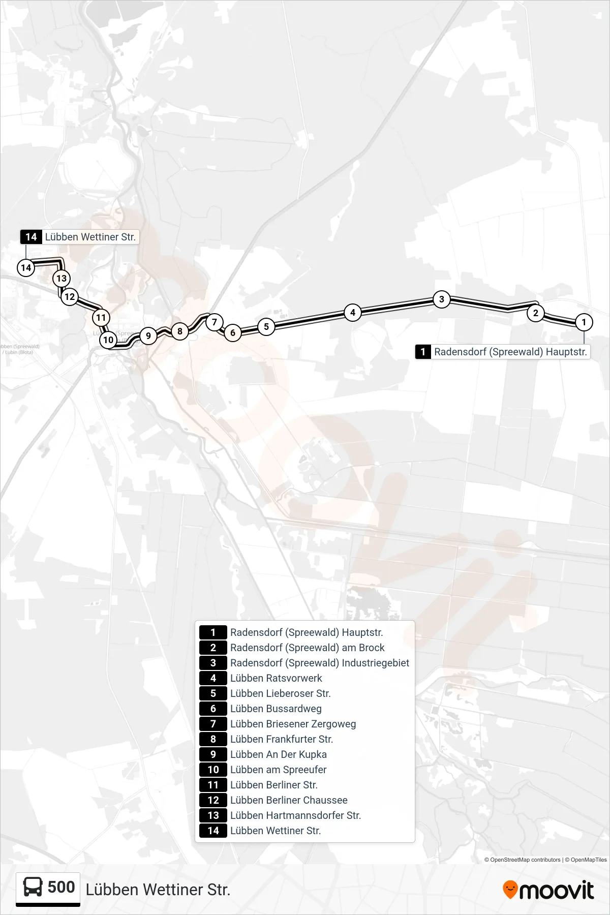 500 bus Line (Lübben Wettiner Str.) route and stops on a map