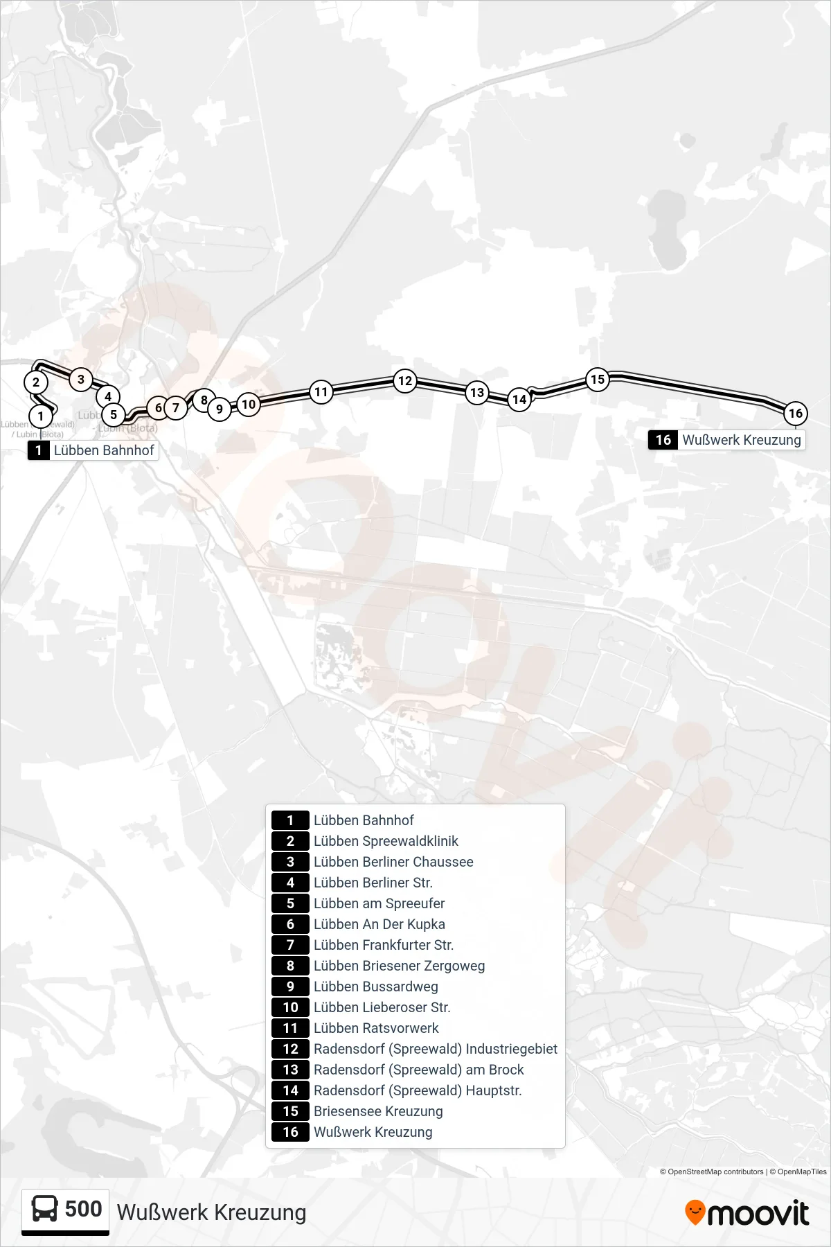 Linie 500 (Bus) Richtung Wußwerk Kreuzung: Route und Haltestellen auf der Karte